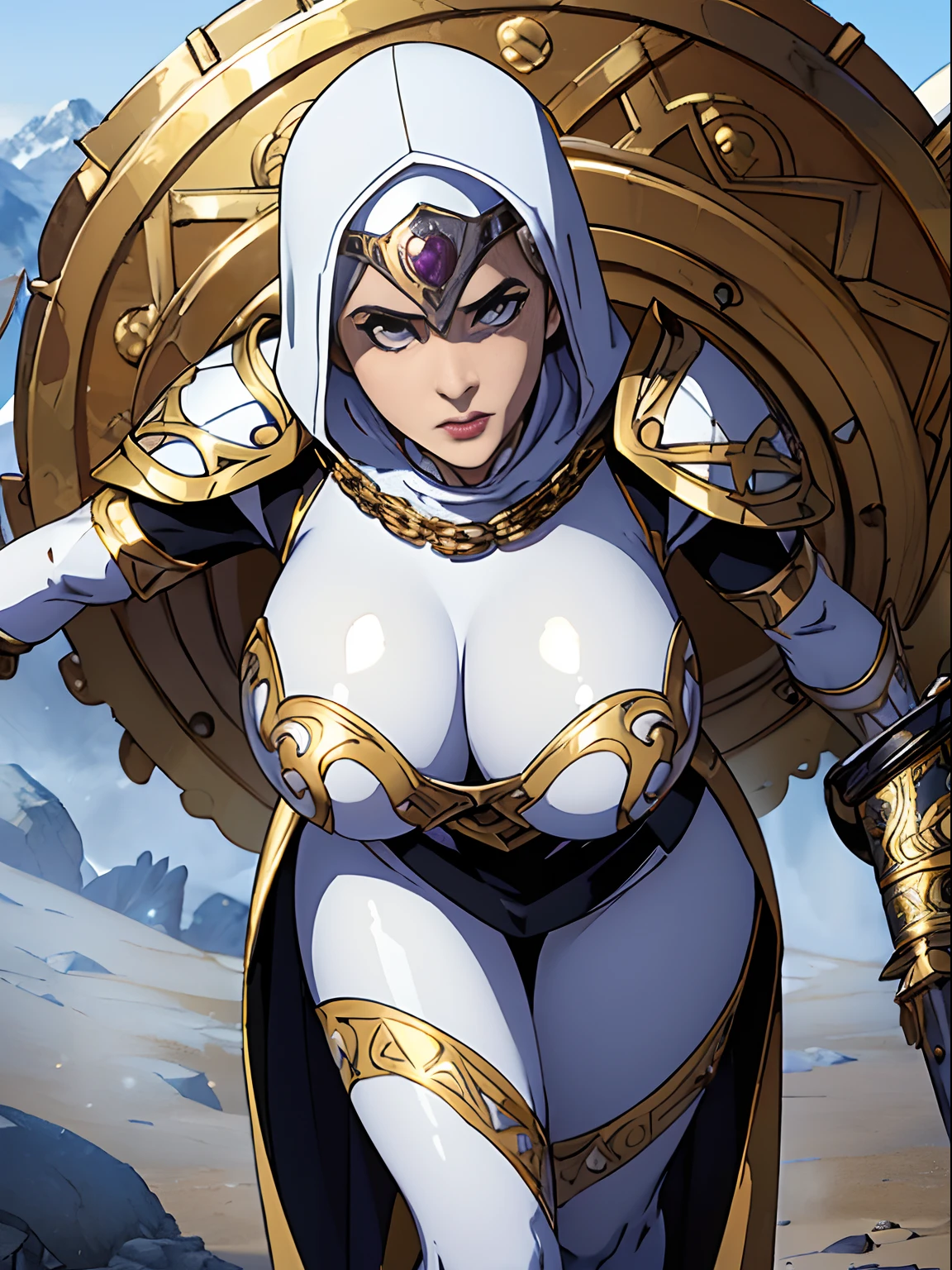 (masterpiece, top quality, best quality, official art, beautiful and aesthetic:1.2), (1girl:1.3), light freckles, fair skin, extremely detailed, portrait, looking at viewer, solo, (full body:0.6), detailed background, close up, (warm grasslands theme:1.1), holy paladin knight, charlatan, smirk, mysterious, swaying in mountains, modest attire, ((((ornate pearly white and gold metal plate armor)))), cowl, nun hood, wimple, boob armor, cowl, robe, chain mail, chainmail, leggings, chainmail leggings, chain mail leggings, (armored breastplate), tabard, gorget, hood, pauldrons, greaves, armored, long boots, longsword, shield, cape, cloak, pearlescent metal, white fabric, pale leather, ((((gigantic breasts)))), slim waist, slim hips, long legs, medieval (mountain exterior:1.1) background, dark mysterious lighting, shadows, magical atmosphere, dutch angle,