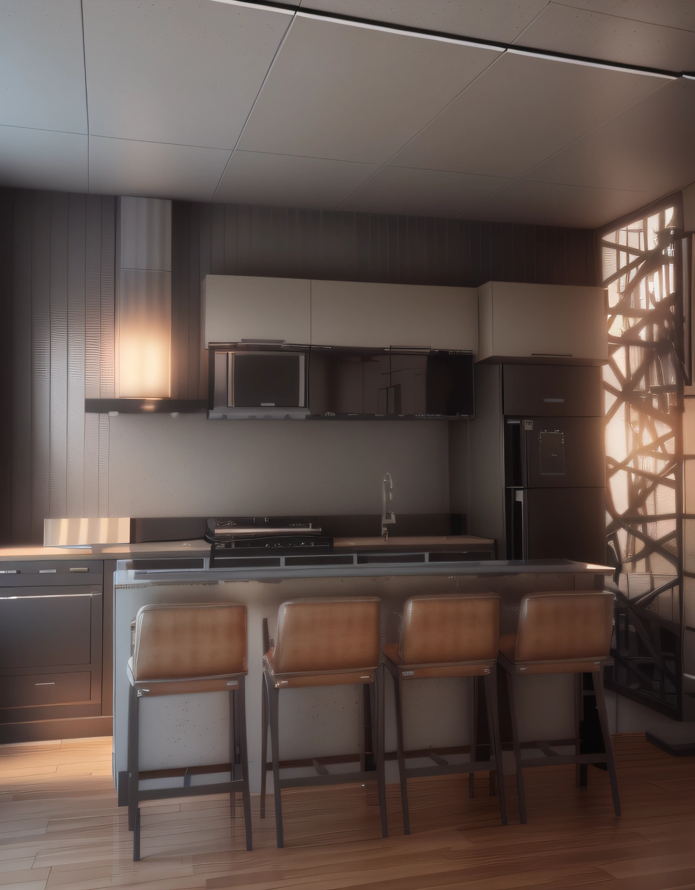 A rendering of an industrial kitchen with a bar and sink, 3D rendering, 3D-rendering, Detailed rendering, 2 d render, cozinha escura, 3 d renders, renderizado no enscape, cozinha, 3D-rendering, 3D-rendering, high detail 3 d render, renderizar 3 d, projeto residencial, detailed 3d render, detailed 3d render, digital render, industrial decor, Lighting Coming In, Ceiling lighting, luz led