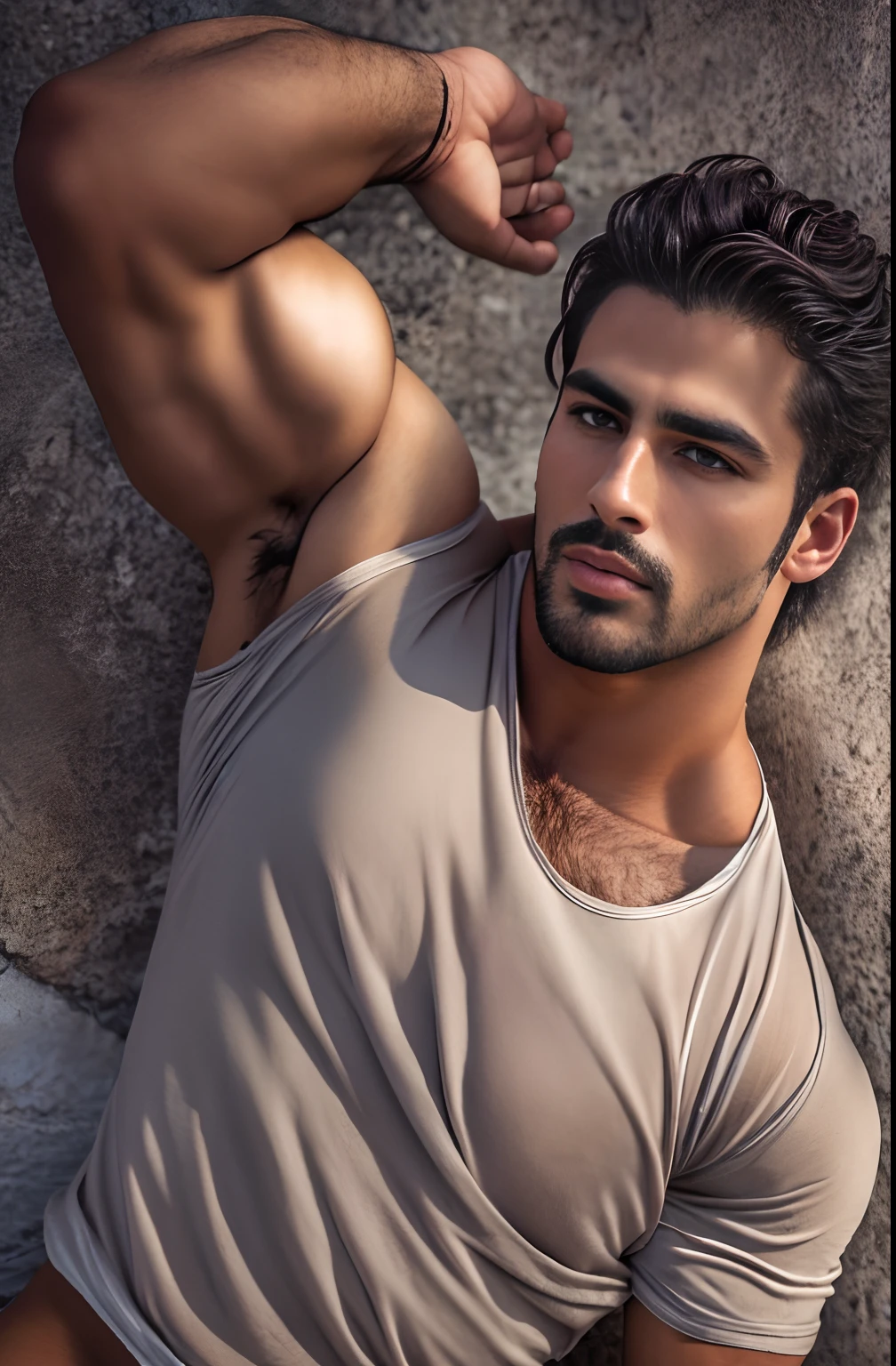 (best quality,highres:1.2), portrait, Moroccan, muscular man, defined muscles, captivating dimples, steamy atmosphere, tearing off shirt, rugged ripped holy jeans, sexy and alluring look, intense gaze, mesmerizing eyes, intricate details of facial features, natural pubic hair, prominent bulge, sensual movement of rubbing crotch