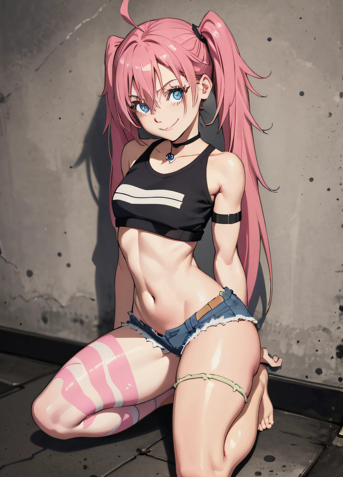 masterpiece, best quality, 1girl, solo, crop top, denim shorts, choker, (graphite: 1.5), paint splashes, arms behind back, against wall, looking at viewer, armband, body paint , head tilt, ((Smile)), long pink hair, pigtails, blue eyes, thick and muscular thighs, muscular belly, barefoot, medium breasts, full body photo