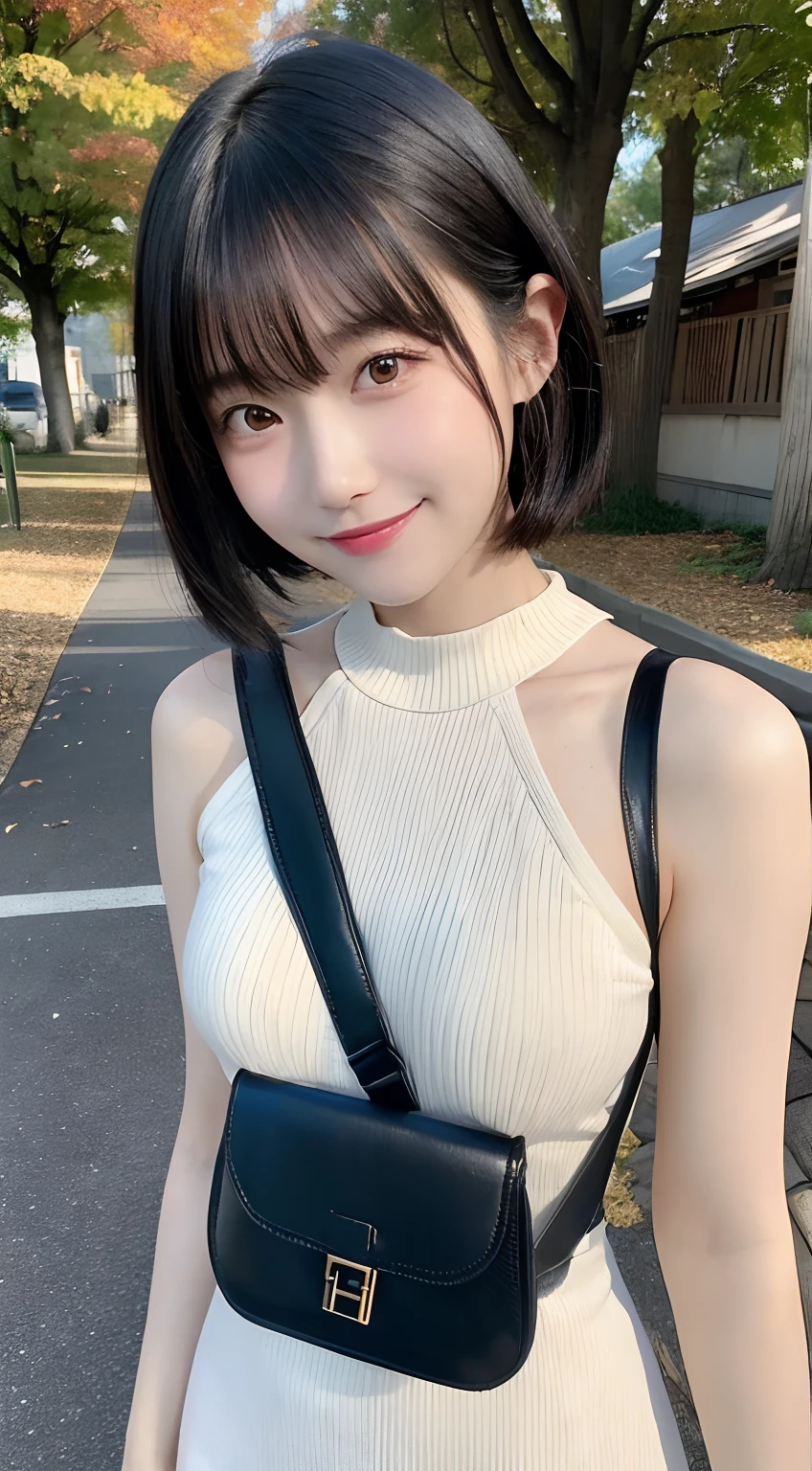 (top-quality,​masterpiece:1.3,超A high resolution,),(ultra-detailliert,Caustics,in 8K),(Ultra-high-density muscles,Photorealsitic:1.4,RAW shooting,),(Hang the shoulder bag diagonally from the shoulder:1.2),(White knitted dress),(Front view:1.1),女の子1人,japanes,20yr old,kawaii,A dark-haired,Shorthair,(large boob),looking happy smile,Ginkgo in autumn leaves,(selfee),Looking at the camera,(facing front:1.1),natural soft light