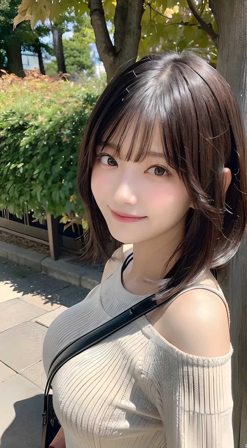 (top-quality,masterpiece:1.3,超A high resolution,),(ultra-detailliert,Caustics,in 8K),(Ultra-dense muscle,Photorealsitic:1.4,RAW shooting,),(Hang the shoulder bag diagonally from the shoulder:1.2),(White knitted dress),(Front view:1.1),1人,japanes,20yr old,kawaii,A dark-haired,Shorthair,(large boob),looking happy smile,Ginkgo in autumn leaves,(selfee),Looking at the camera,(facing front:1.1),natural soft light