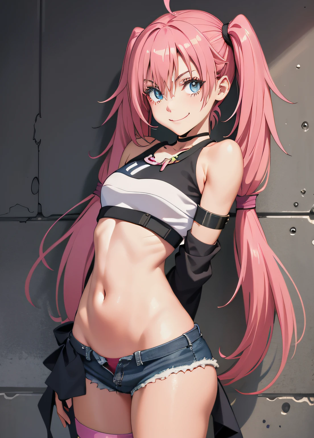 masterpiece, best quality, 1girl, solo, crop top, denim shorts, choker, (graphite: 1.5), paint splashes, arms behind back, against wall, looking at viewer, armband, body paint , head tilt, ((Smile)), long pink hair, pigtails, blue eyes, thick and muscular thighs, muscular belly, barefoot, medium breasts, full body photo