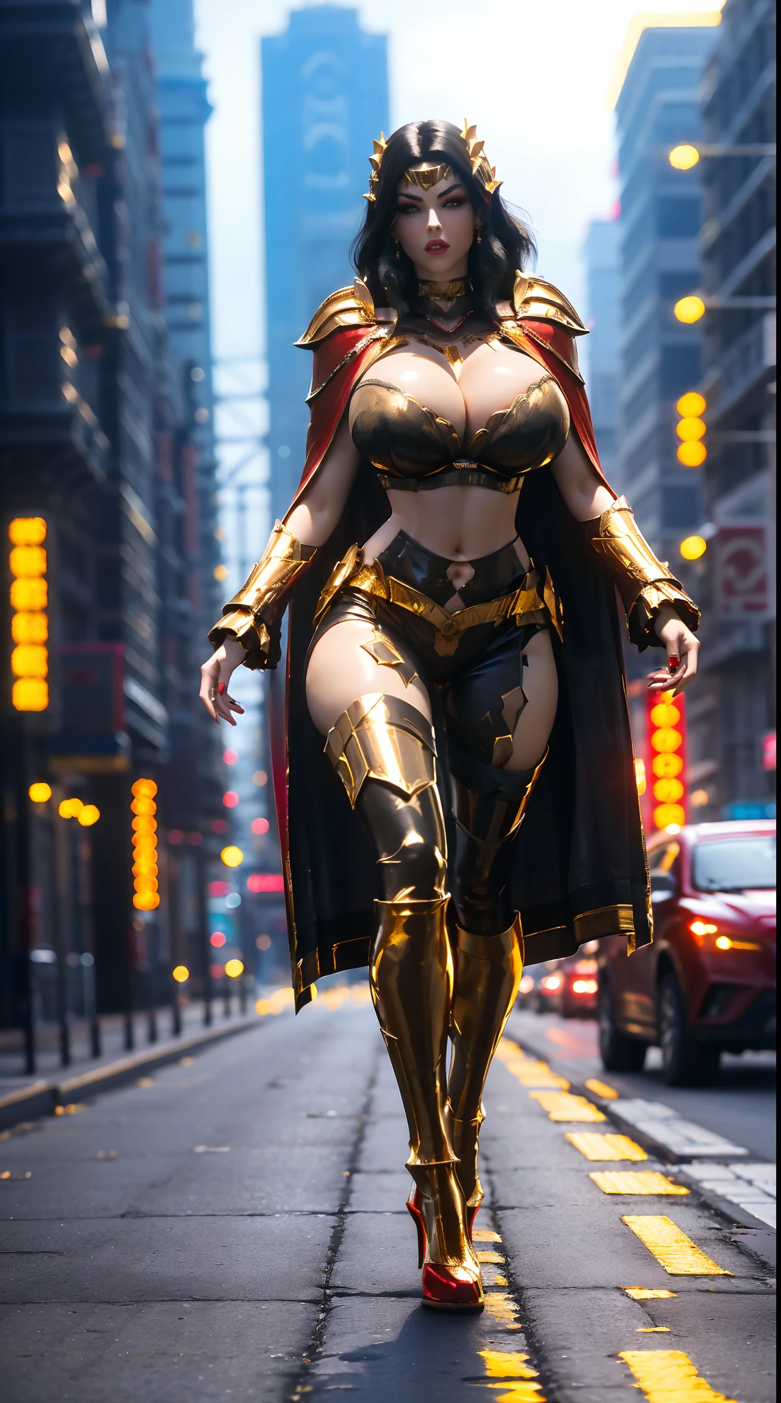 1GIRL, SOLO, (DARK HAIR, HAIR ORNAMENT), (HUGE FAKE BOOBS:1.3), (RED, BLACK, GOLD, SEXY FUTURISTIC LATEX BRA, ROYAL CAPE, CLEAVAGE:1.5), (SKINTIGHT YOGA PANTS, HIGH HEELS:1.2), (SEXY GLAMOROUS BODY, SEXY LONG LEGS, FULL BODY:1.3), (FROM FRONT, LOOKING AT VIEWER), (WALKING DOWN ON STREET NIGHT CITY:1.3), ULTRA HIGHT DEFINITION, 8K, 1080P.