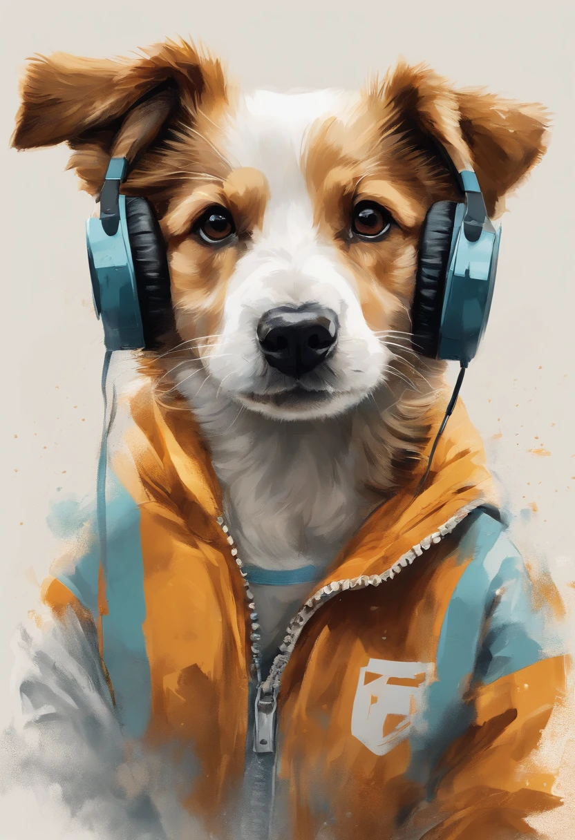 Perfect centering, Cute puppy, Wear a student team jacket, Wearing sunglasses, Wearing headphones, cheerfulness, Standing position, Abstract beauty, Centered, Looking at the camera, Facing the camera, nearing perfection, Dynamic, Highly detailed, smooth, Sharp focus, 8K, high definition resolution, illustration, Art by Carne Griffiths and Wadim Kashin, White background
