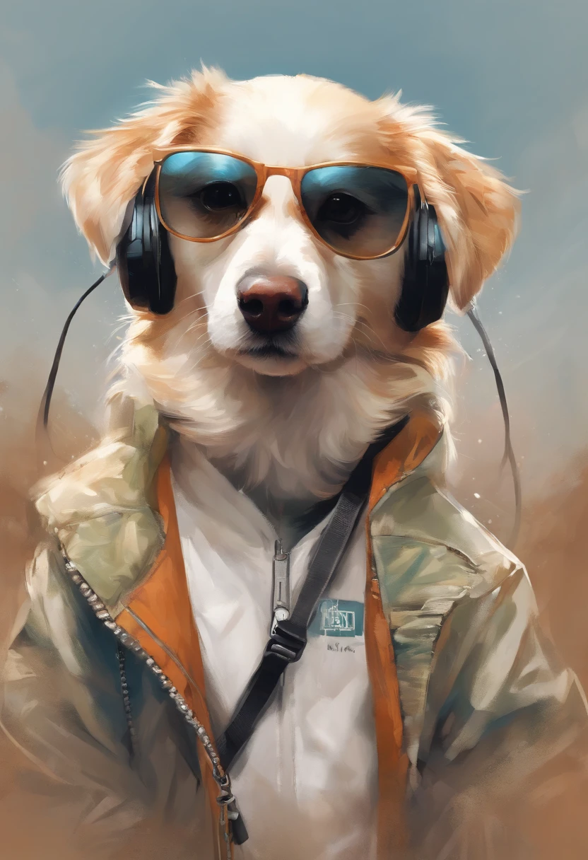 Perfect centering, Cute puppy, Wear a student team jacket, Wearing sunglasses, Wearing headphones, cheerfulness, Standing position, Abstract beauty, Centered, Looking at the camera, Facing the camera, nearing perfection, Dynamic, Highly detailed, smooth, Sharp focus, 8K, high definition resolution, illustration, Art by Carne Griffiths and Wadim Kashin, White background