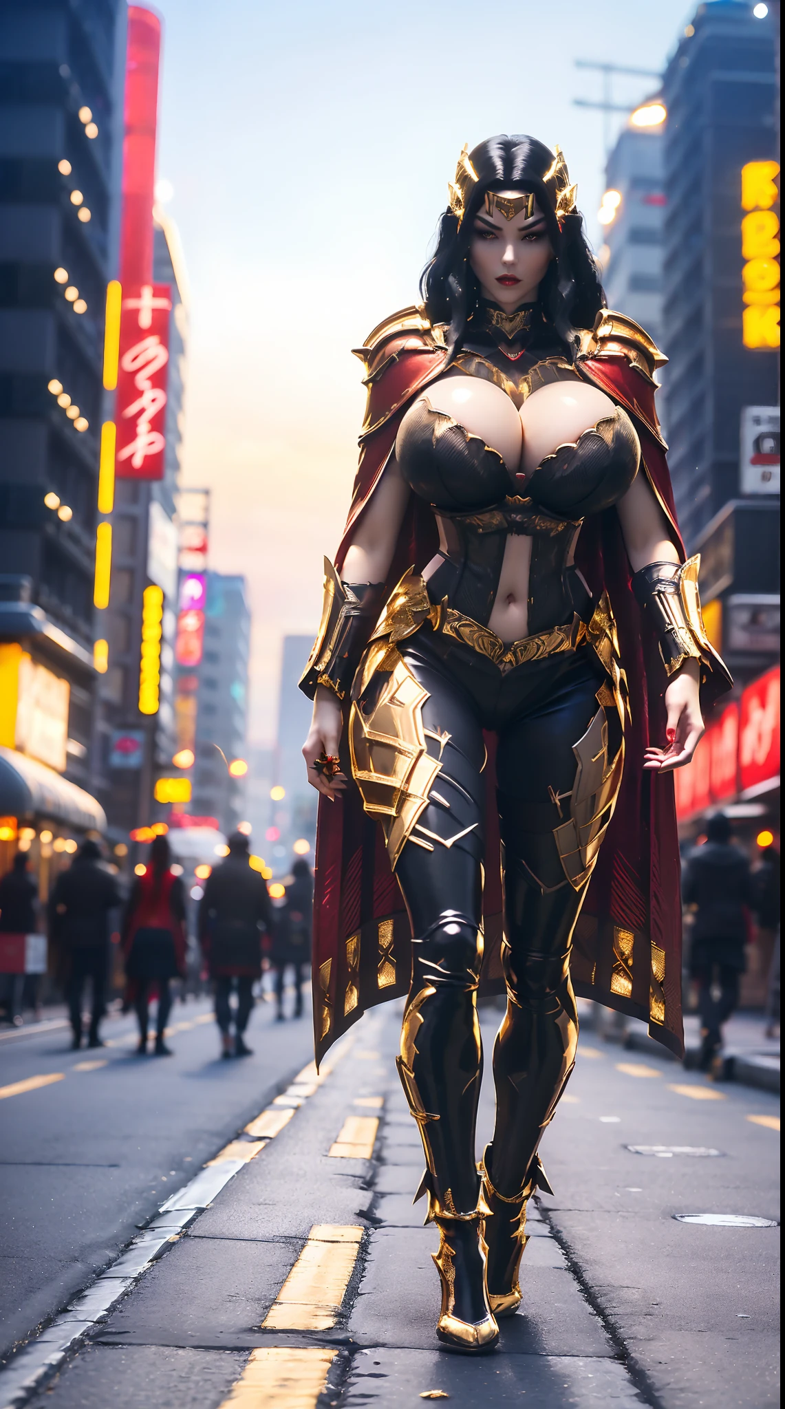 1GIRL, SOLO, (DARK HAIR, HAIR ORNAMENT), (HUGE FAKE BOOBS:1.3), (RED, BLACK, GOLD, SEXY FUTURISTIC LATEX BRA, ROYAL CAPE, CLEAVAGE:1.5), (SKINTIGHT YOGA PANTS, HIGH HEELS:1.2), (SEXY GLAMOROUS BODY, SEXY LONG LEGS, FULL BODY:1.3), (FROM FRONT, LOOKING AT VIEWER), (WALKING DOWN ON STREET NIGHT CITY:1.3), ULTRA HIGHT DEFINITION, 8K, 1080P.
