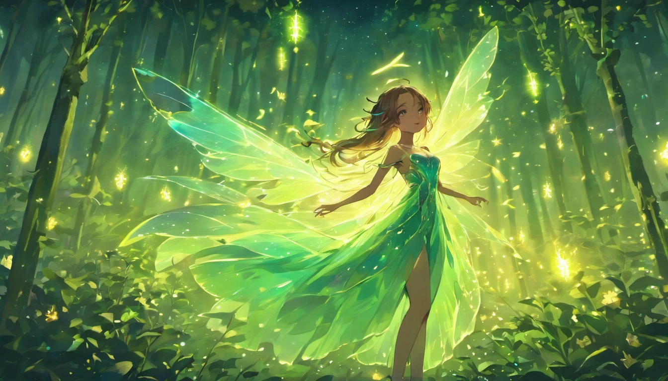 (stable diffusion, highres, detailed)(fairy:1.1), (brown skin:1.1), (female:1.1), (wearing iridescent long dress:1.1), (standing:1.1), (night:1.1), (garden:1.1), (surrounded by fireflies:1.1), (magical lighting:1.1), (ethereal atmosphere:1.1), (vibrant colors:1.1), (dreamlike:1.1), (delicate wings:1.1), (graceful pose:1.1), (mystical:1.1), (enchanted:1.1), (natural surroundings:1.1), (glowing plants:1.1), (moonlight:1.1), (serene expression:1.1), (mysterious beauty:1.1), (soft glow:1.1), (sparkling dress:1.1), (ethereal creature:1.1), (whimsical:1.1), (elegant:1.1), (feminine:1.1), (detailed facial features:1.1), (long flowing hair:1.1), (captivating eyes:1.1), (lush foliage:1.1), (transparent wings:1.1), (fireflies gently illuminating the scene:1.1), (tranquil atmosphere:1.1), (dancing firefly lights:1.1), (lush greenery:1.1), (nighttime enchantment:1.1), (glowing magical aura:1.1), (fairy tale-like:1.1), (subtle magic:1.1)