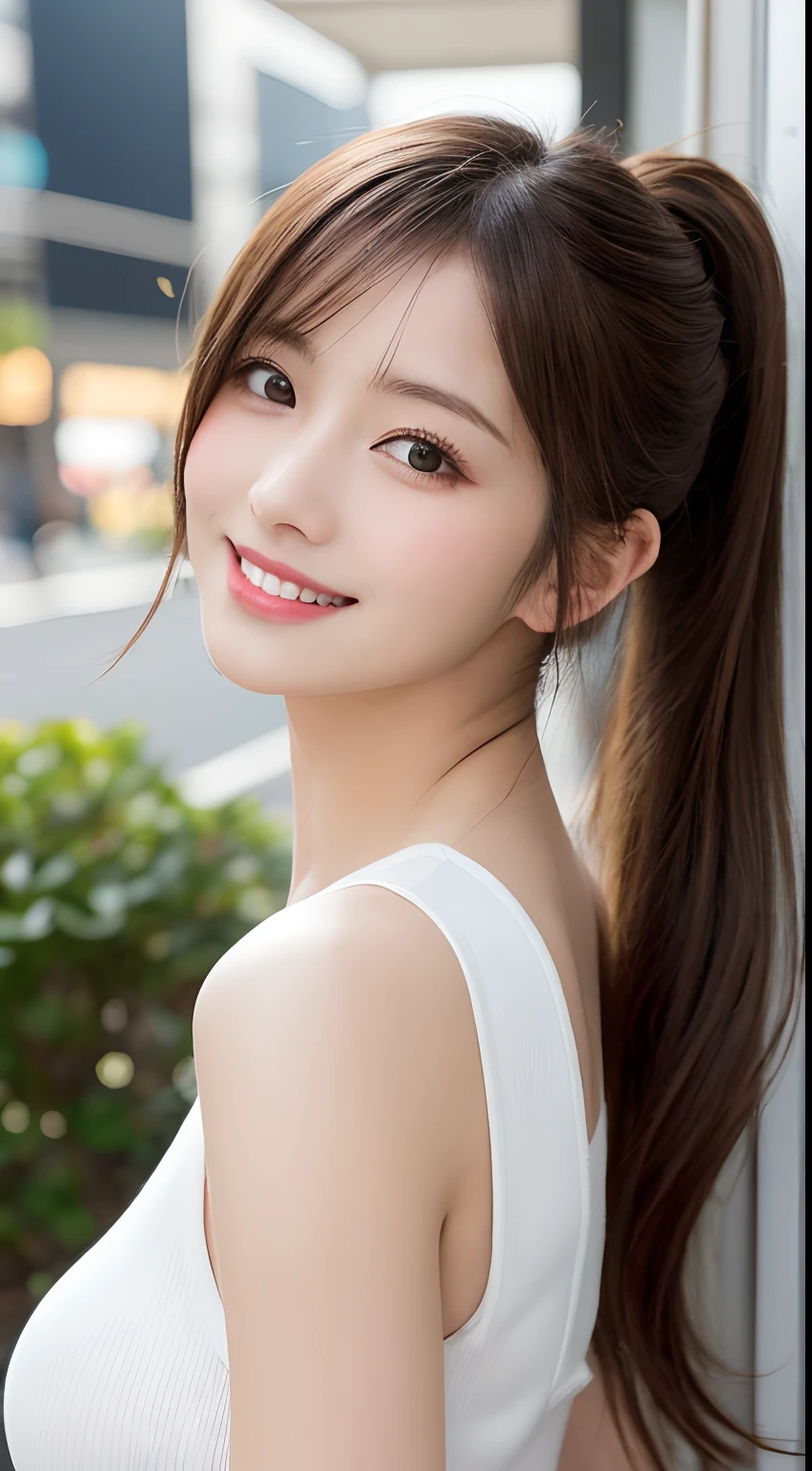 masutepiece, Best Quality, Illustration, Ultra-detailed, finely detail, hight resolution, 8K Wallpaper, Perfect dynamic composition, Beautiful detailed eyes, Women's Fashion Summer,Ponytail hair,Small breasts natural color lip, Bold sexy poses,Smile,Harajuku、20 years girl、Cute、Sexy shot looking at camera