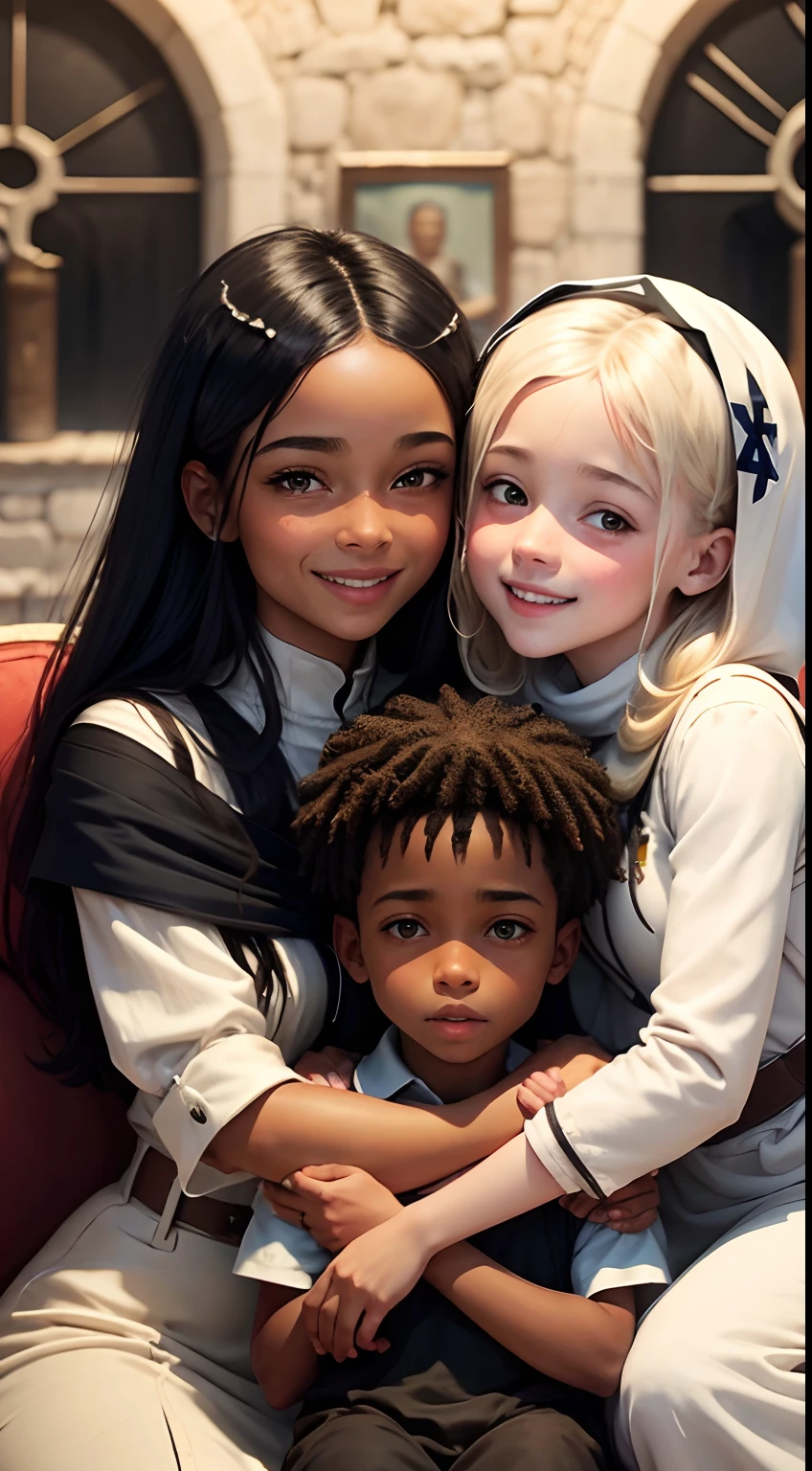 Jesus sitting with white Israeli and black Palestinian children hugging and smiling