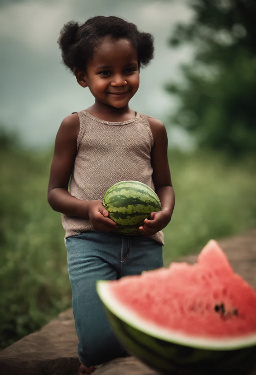 smiling black-skinned black-haired  eating watermelon