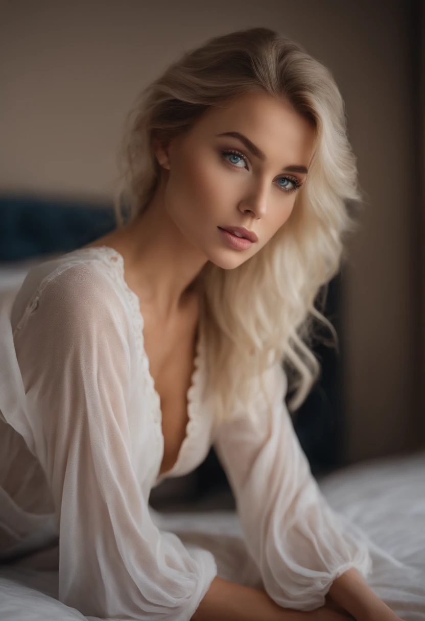 Allard woman completely , Sexy blue-eyed girl, Ultra photo realsisim, detailed meticulous, portrait sophie mudd, blonde hair and large eyes, selfie of a young woman, bedroom eyes, Violet Myers, nomake-up, Natural makeup, look straight at the camera, face with artgram, Subtle makeup, Stunning full-body shot kneeling on bed, in a bedroom, Medium to large bust; ; ;Naked