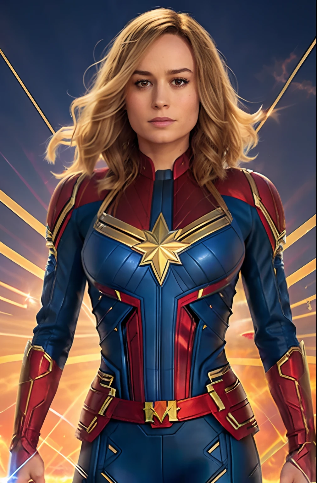 brie larson, medium hair, full body portrait, wearing captain marvel outfit, sexy, cleavage, breasts showing