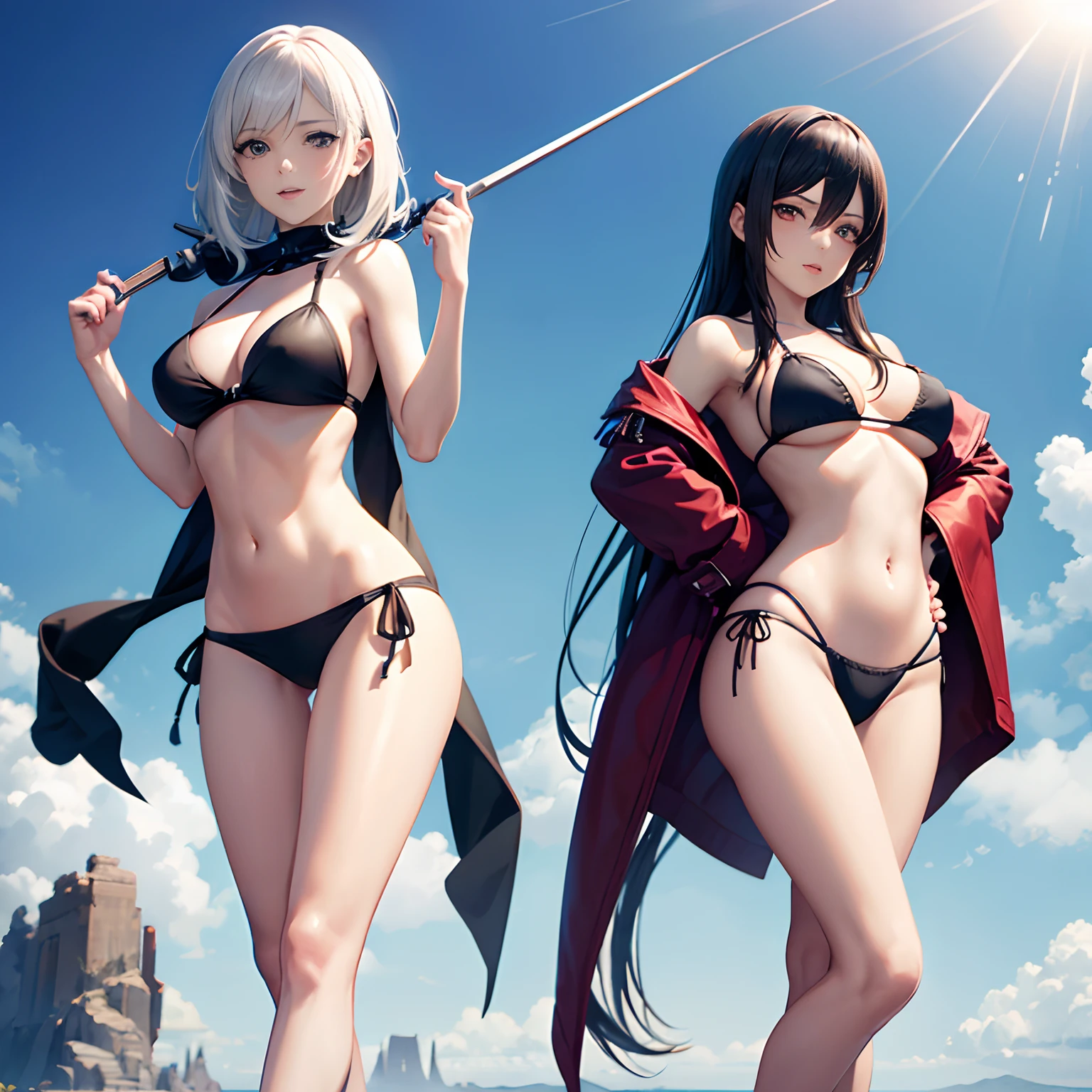 Imagen de cuerpo completo de mikasa Ackerman junto a Noelle silva ambas con tacones altos y en bikini sexy
