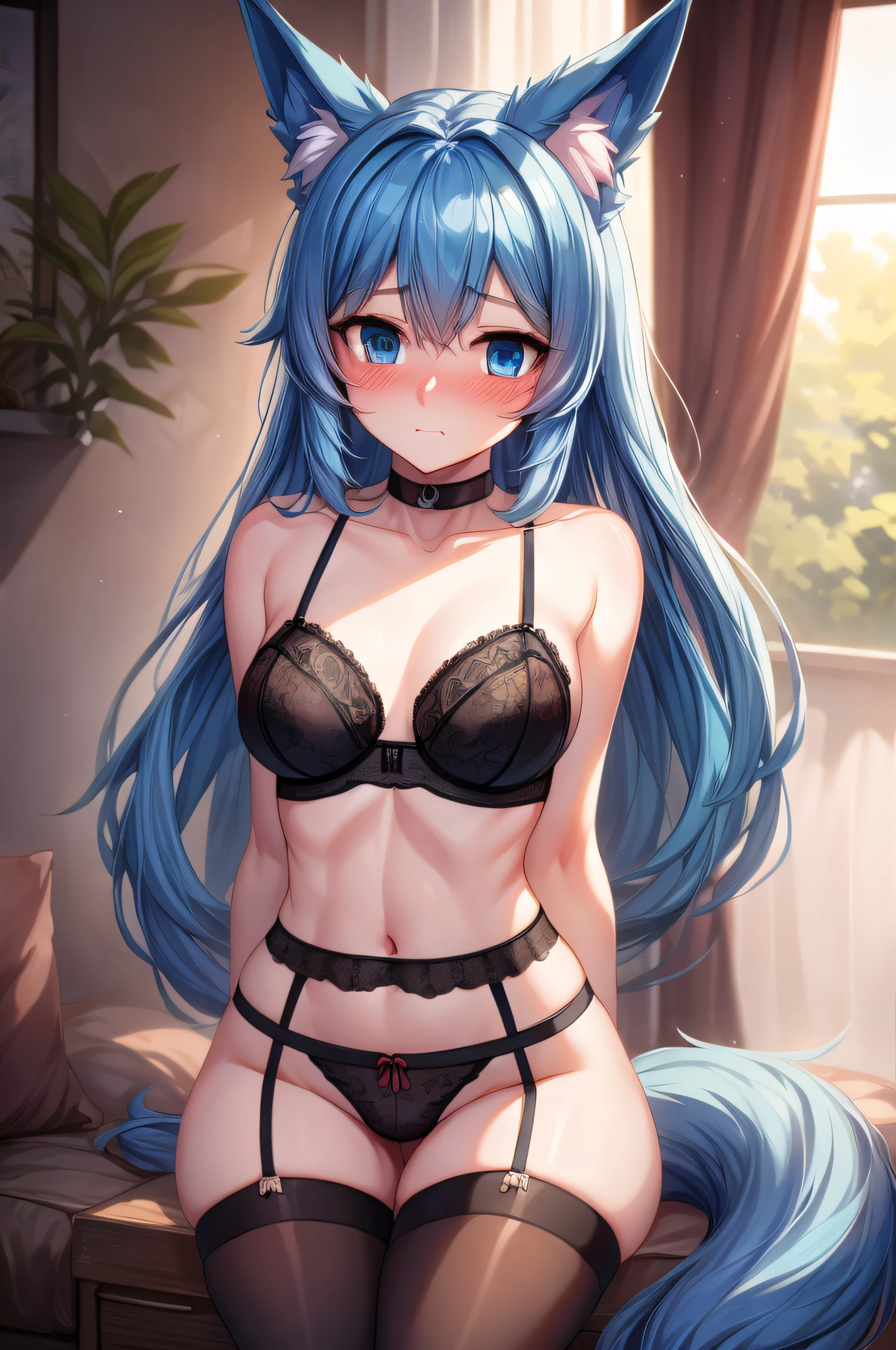 (Masterpiece) (High Detail) (High Res) A short humanoid girl with pale human skin and blue eyes and long blue hair and blue dog ears and a fluffy dog tail is wearing a set of lacy black lingerie underwear with a garter belt, thigh high stockings and a matching bra and panties, and is looking shy and nervous with blushing cheeks.