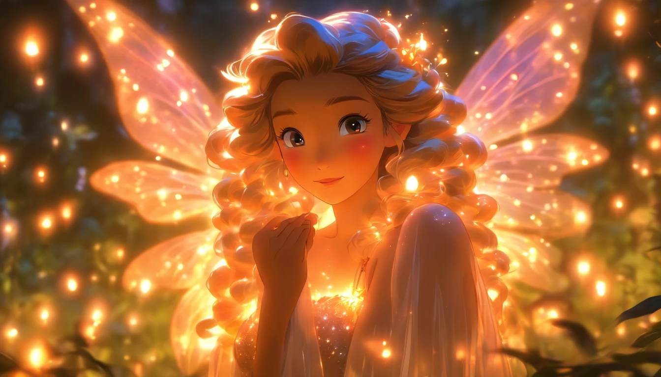 (stable diffusion, highres, detailed)(fairy:1.1), (((brown skin:1.1))), (female:1.1), (wearing iridescent long dress:1.1), (standing:1.1), (night:1.1), (garden:1.1), (surrounded by fireflies:1.1), (magical lighting:1.1), (ethereal atmosphere:1.1), (vibrant colors:1.1), (dreamlike:1.1), (delicate wings:1.1), (graceful pose:1.1), (mystical:1.1), (enchanted:1.1), (natural surroundings:1.1), (glowing plants:1.1), (moonlight:1.1), (serene expression:1.1), (mysterious beauty:1.1), (soft glow:1.1), (sparkling dress:1.1), (ethereal creature:1.1), (whimsical:1.1), (elegant:1.1), (feminine:1.1), (detailed facial features:1.1), (long flowing hair:1.1), (captivating eyes:1.1), (lush foliage:1.1), (transparent wings:1.1), (fireflies gently illuminating the scene:1.1), (tranquil atmosphere:1.1), (dancing firefly lights:1.1), (lush greenery:1.1), (nighttime enchantment:1.1), (glowing magical aura:1.1), (fairy tale-like:1.1), (subtle magic:1.1)