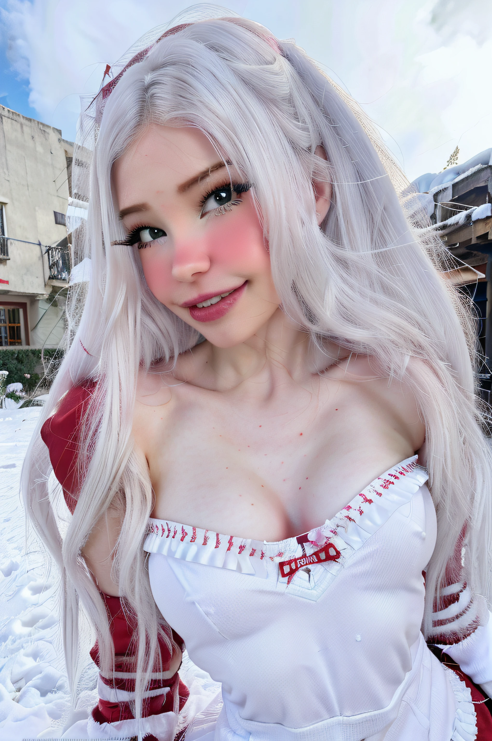Pink eyes, Dutch Angle, look up, Anatomically correct, Highest quality, High resolution, Silver Hair, Large Breasts, Red face, Dutch Angle, Character portrait, Cropped, Fluffy mini skirt、Inorganic place、Red face, Wet Hair,
