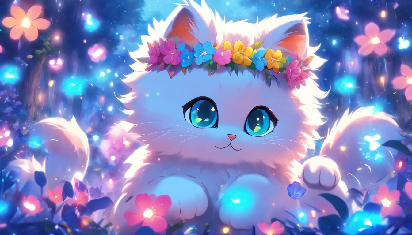 A cat, blue eyes, flower crown, bow on chest, (cute detailed digital art), (furry art), cute digital art, cute digital painting, very pretty cute, cute detailed artwork, (cute), cute digital art, detailed digital art painting, cute, cute artwork, cute cat anime visual effects, cute cat, cute, anime, cute animal kawaii cat, 8k