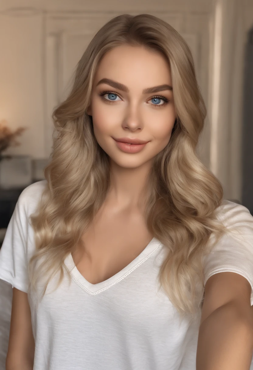 arafed woman fully , sexy girl with blue eyes, ultra realistic, meticulously detailed, portrait sophie mudd, blonde hair and large eyes, selfie of a young woman, bedroom eyes, smiling, without makeup, natural makeup, looking directly at the camera, subtle makeup, stunning full body shot, standing up, in bedroom, medium to large size bust, school uniform
