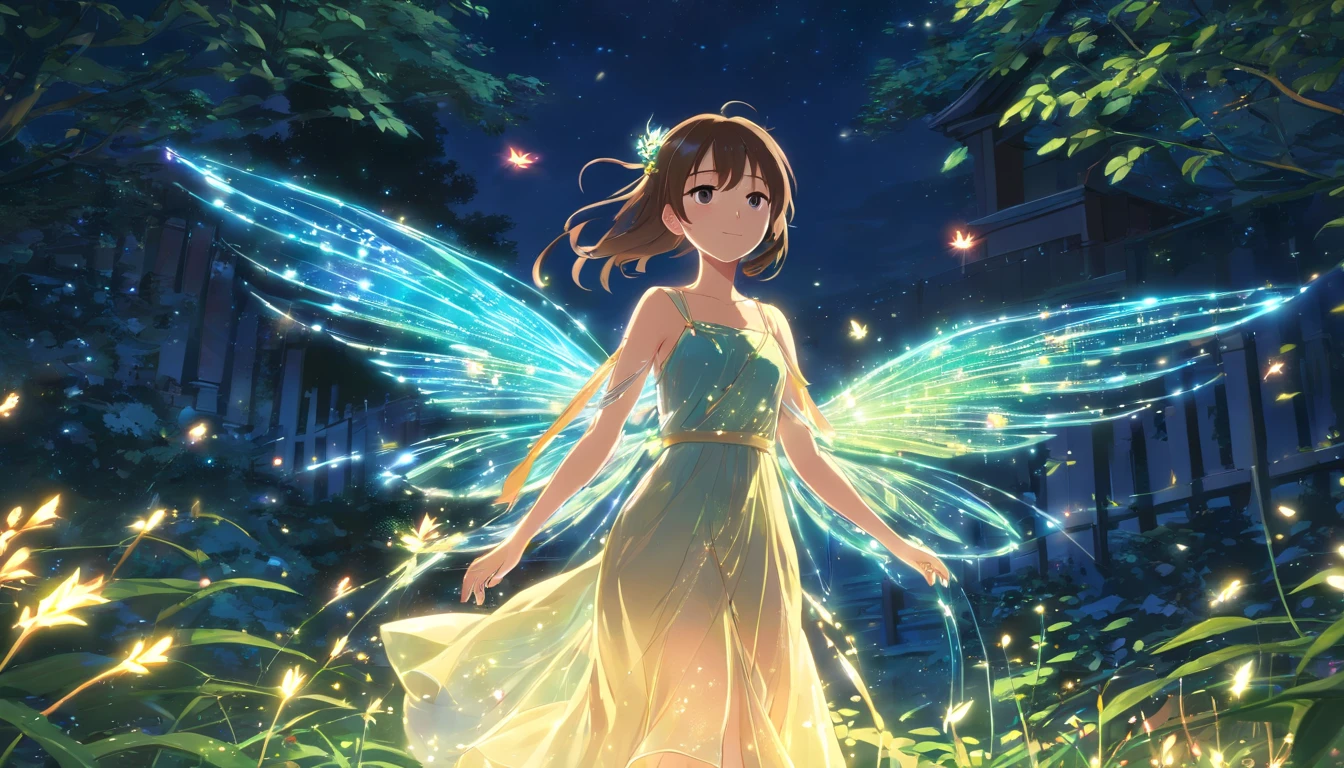 (stable diffusion, highres, detailed)(fairy:1.1), (brown skin:1.1), (female:1.1), (wearing iridescent long dress:1.1), (standing:1.1), (night:1.1), (garden:1.1), (surrounded by fireflies:1.1), (magical lighting:1.1), (ethereal atmosphere:1.1), (vibrant colors:1.1), (dreamlike:1.1), (delicate wings:1.1), (graceful pose:1.1), (mystical:1.1), (enchanted:1.1), (natural surroundings:1.1), (glowing plants:1.1), (moonlight:1.1), (serene expression:1.1), (mysterious beauty:1.1), (soft glow:1.1), (sparkling dress:1.1), (ethereal creature:1.1), (whimsical:1.1), (elegant:1.1), (feminine:1.1), (detailed facial features:1.1), (long flowing hair:1.1), (captivating eyes:1.1), (lush foliage:1.1), (transparent wings:1.1), (fireflies gently illuminating the scene:1.1), (tranquil atmosphere:1.1), (dancing firefly lights:1.1), (lush greenery:1.1), (nighttime enchantment:1.1), (glowing magical aura:1.1), (fairy tale-like:1.1), (subtle magic:1.1)