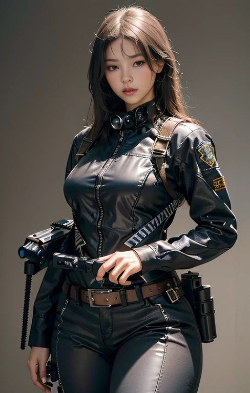 ((Highest image quality, Excellent details, RAW photos、Ultra-high resolution)), (realism: 1.4), Favor the details, Shiny beautiful girl, Beautiful face, ((Cowboy shooting)), (very cool expression、nervous、adrenaline、Super cool woman), (Black leather jacket、full-body shot,blue、Special Forces、, Black and gray mech, Wearing military suspenders, Own a machine gun,Rich in details), (A large number of devices、Magazine、Night Vision Goggles、gun holster、)、((Secret base underground、Fighting Stance、Shootout))