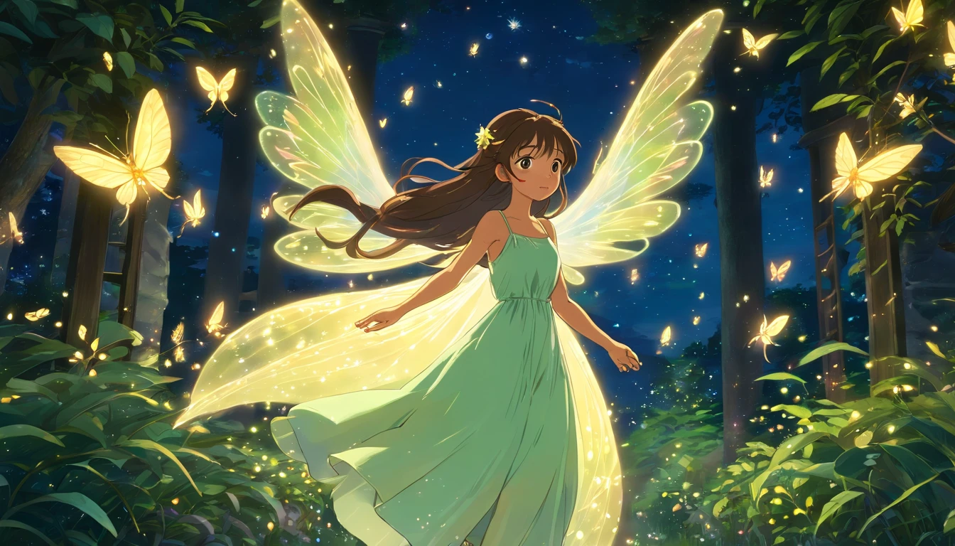 (stable diffusion, highres, detailed)(fairy:1.1), (brown skin:1.1), (female:1.1), (wearing iridescent long dress:1.1), (standing:1.1), (night:1.1), (garden:1.1), (surrounded by fireflies:1.1), (magical lighting:1.1), (ethereal atmosphere:1.1), (vibrant colors:1.1), (dreamlike:1.1), (delicate wings:1.1), (graceful pose:1.1), (mystical:1.1), (enchanted:1.1), (natural surroundings:1.1), (glowing plants:1.1), (moonlight:1.1), (serene expression:1.1), (mysterious beauty:1.1), (soft glow:1.1), (sparkling dress:1.1), (ethereal creature:1.1), (whimsical:1.1), (elegant:1.1), (feminine:1.1), (detailed facial features:1.1), (long flowing hair:1.1), (captivating eyes:1.1), (lush foliage:1.1), (transparent wings:1.1), (fireflies gently illuminating the scene:1.1), (tranquil atmosphere:1.1), (dancing firefly lights:1.1), (lush greenery:1.1), (nighttime enchantment:1.1), (glowing magical aura:1.1), (fairy tale-like:1.1), (subtle magic:1.1)