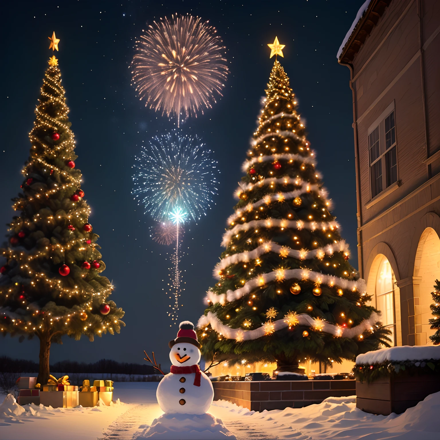 Sparkling Christmas tree with illuminations and snowman