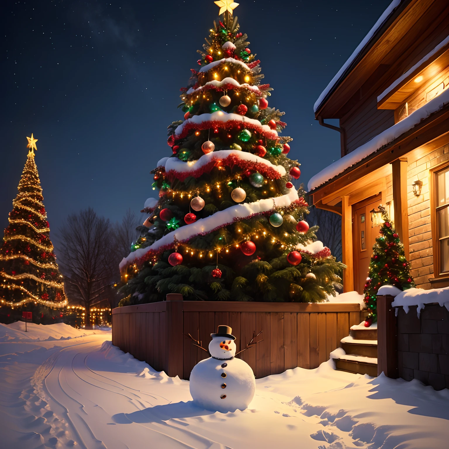 Sparkling Christmas tree with illuminations and snowman