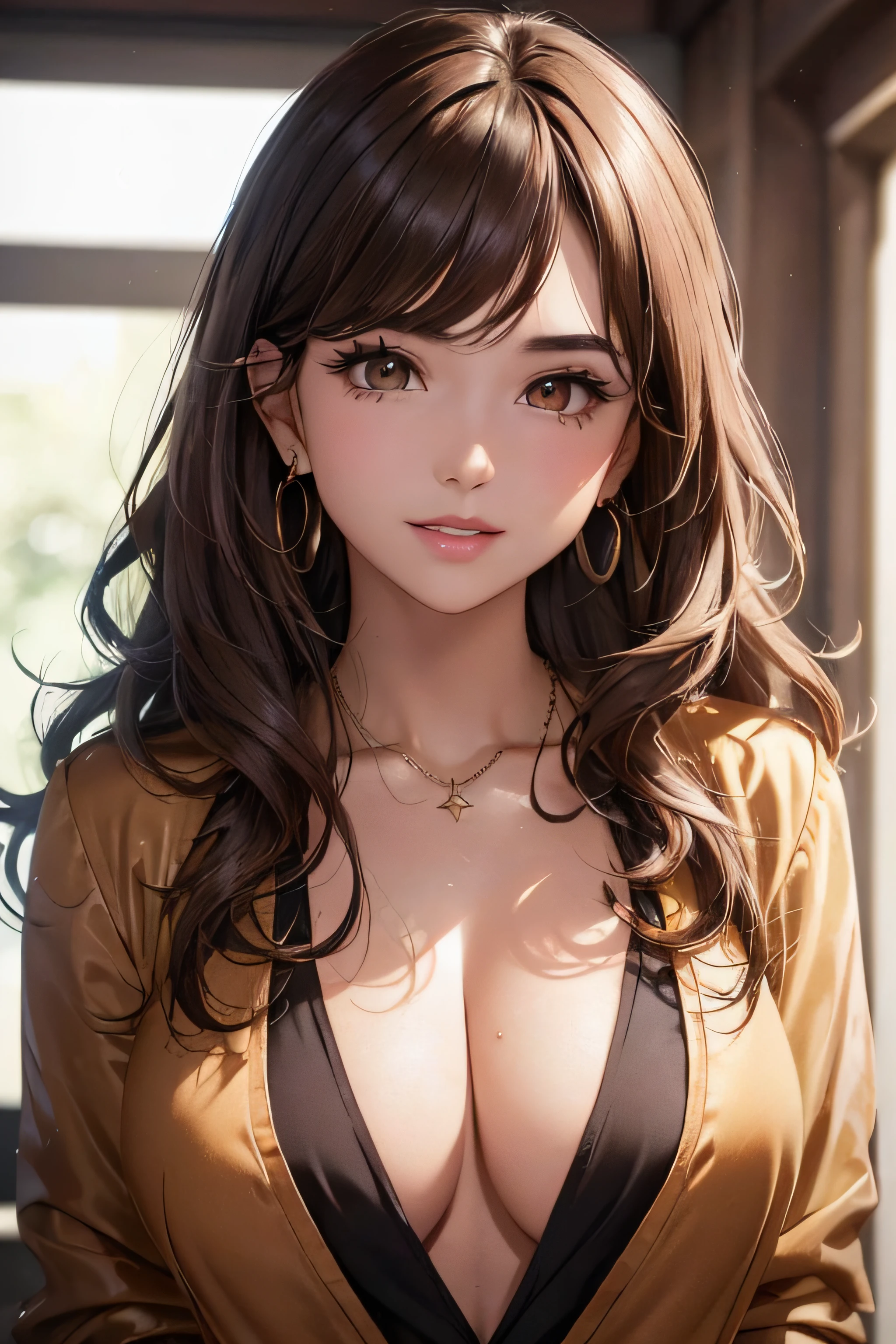 (A photo of the upper body), Beatiful face, Very detailed face and skin texture, (Detailed eyes), Brown eyes, Double eyelids, Thin eyebrows, Glitter eyeliner: 1.2, Natural cheeks, Glowing skin, Fair skin, ((with a jacket and blouse(no cleavage)), Shiny necklace and earrings, (Shiny lips: 1. 4), (Seductive smile), (20 years old), (Wavy hair, Brown hair, Diagonal bangs), Medium long hair, ((Upper body shot)), ((Focus on chest and face)), Medium large breasts, Upturned Breasts.