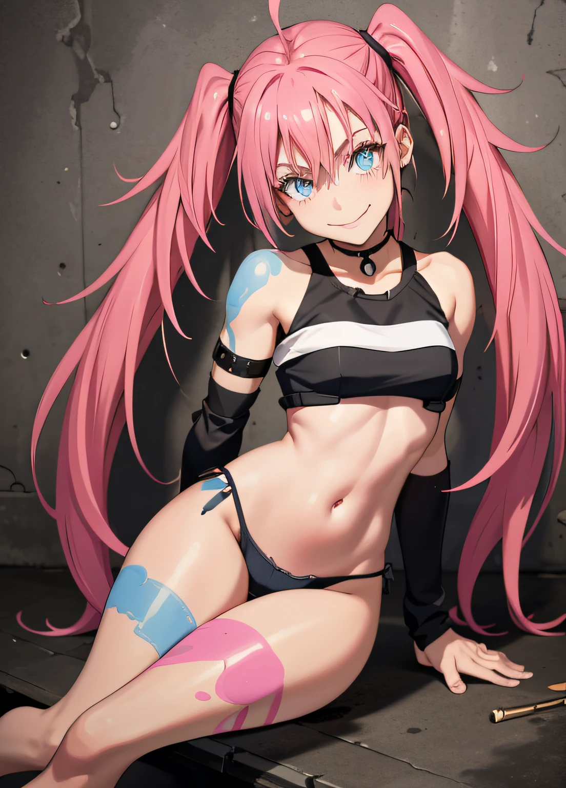 masterpiece, best quality, 1girl, solo, crop top, denim shorts, choker, (graphite: 1.5), paint splashes, arms behind back, against wall, looking at viewer, armband, body paint , head tilt, ((Smile)), long pink hair, pigtails, blue eyes, thick and muscular thighs, muscular belly, barefoot, medium breasts, full body photo