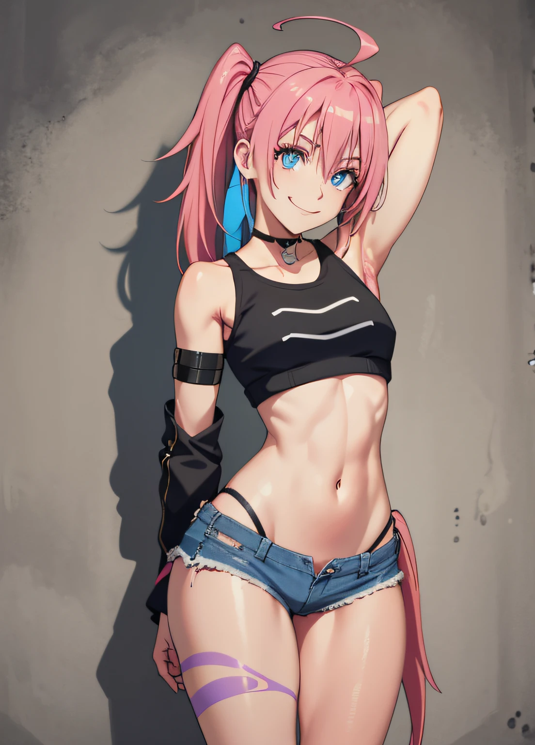 masterpiece, best quality, 1girl, solo, crop top, denim shorts, choker, (graphite: 1.5), paint splashes, arms behind back, against wall, looking at viewer, armband, body paint , head tilt, ((Smile)), long pink hair, pigtails, blue eyes, thick and muscular thighs, muscular belly, barefoot, medium , full body photo