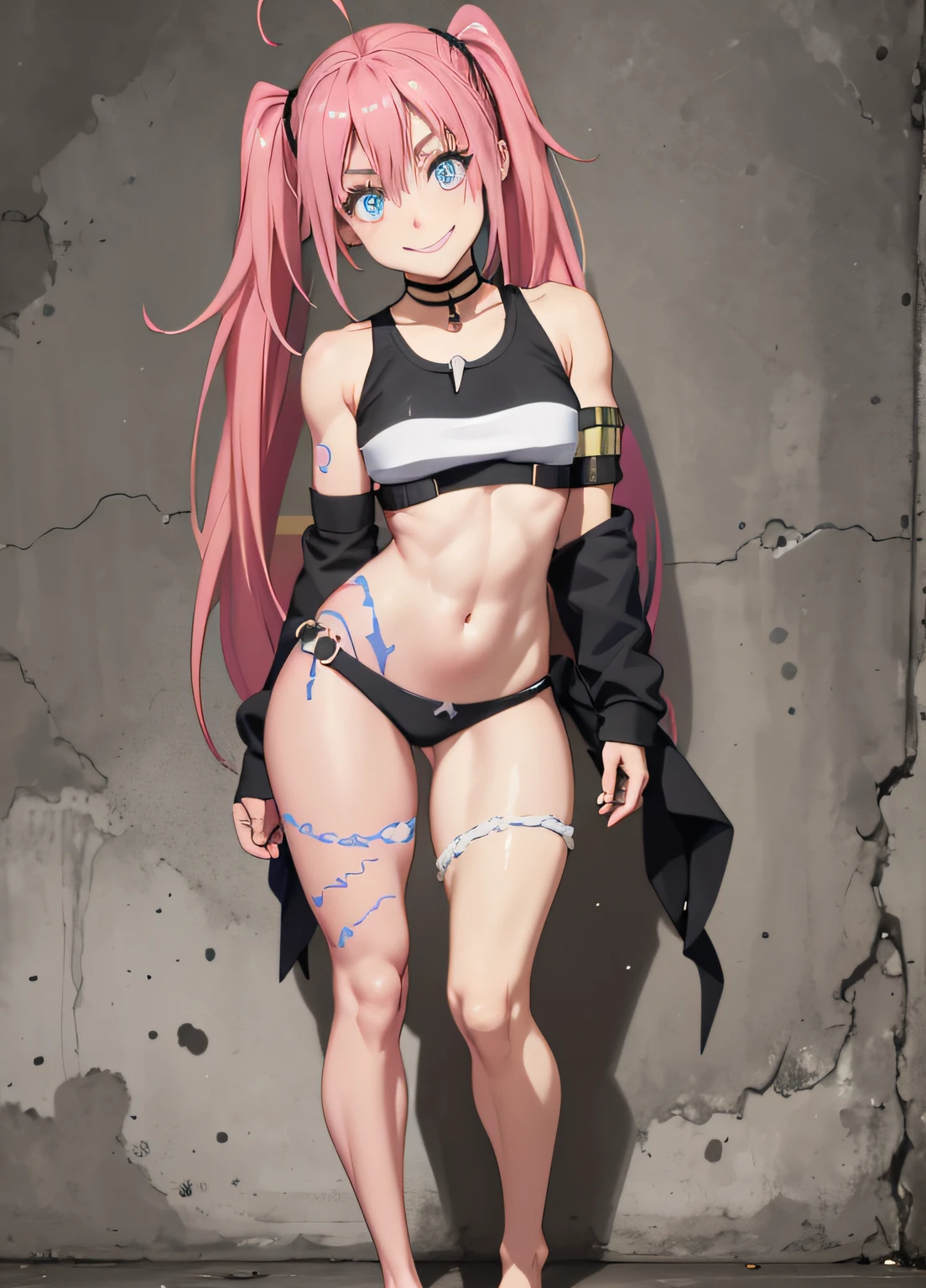 masterpiece, best quality, 1girl, solo, crop top, denim shorts, choker, (graphite: 1.5), paint splashes, arms behind back, against wall, looking at viewer, armband, body paint , head tilt, ((Smile)), long pink hair, pigtails, blue eyes, thick and muscular thighs, muscular belly, barefoot, medium breasts, full body photo