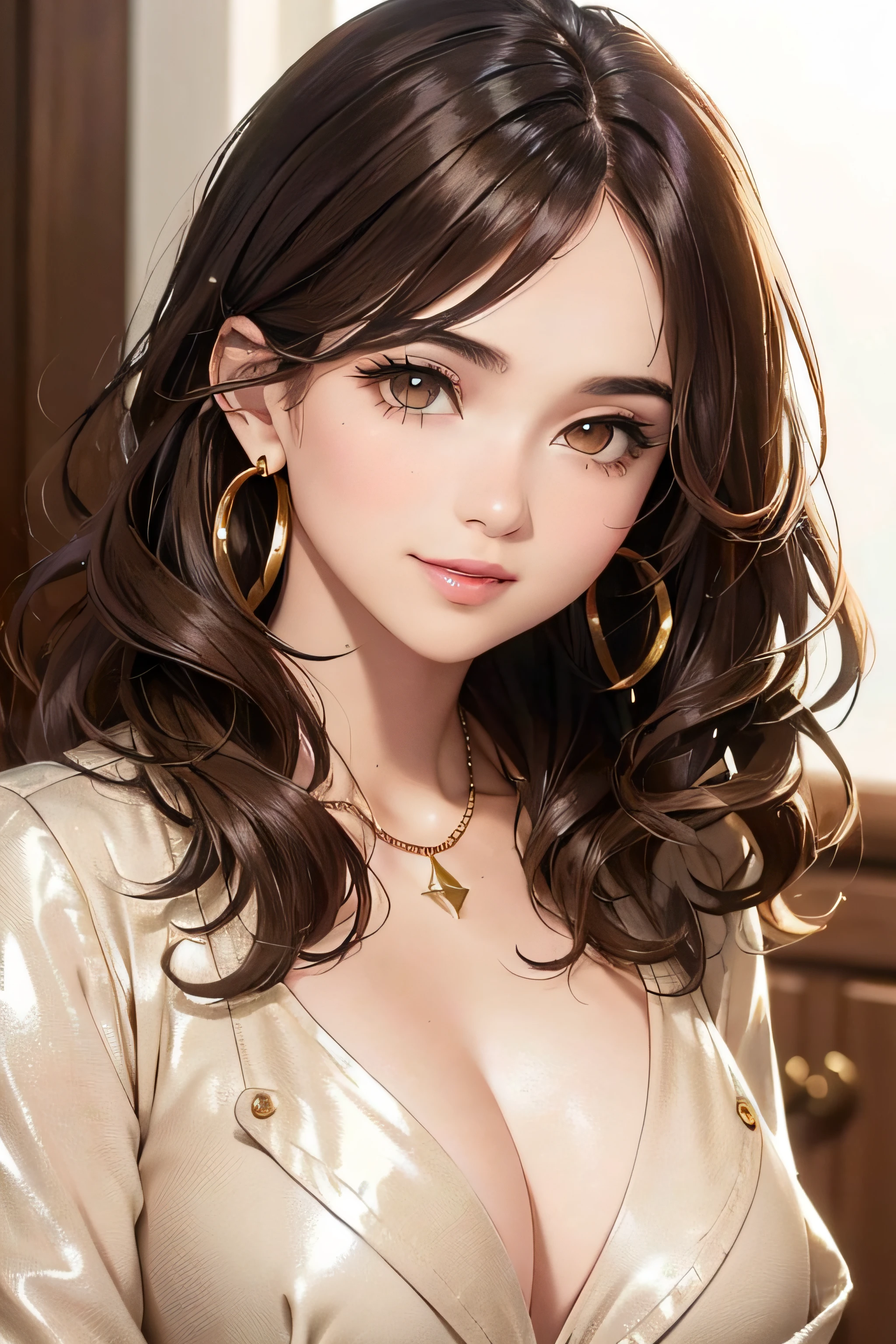 (A photo of the upper body), Beatiful face, Very detailed face and skin texture, (Detailed eyes), Brown eyes, Double eyelids, Thin eyebrows, Glitter eyeliner: 1.2, Natural cheeks, Glowing skin, Fair skin, ((with a jacket and blouse(no cleavage)), Shiny necklace and earrings, (Shiny lips: 1. 4), (Seductive smile), (20 years old), (Wavy hair, Brown hair, Diagonal bangs), Medium long hair, ((Upper body shot)), ((Focus on chest and face)), Medium large breasts, Upturned Breasts.