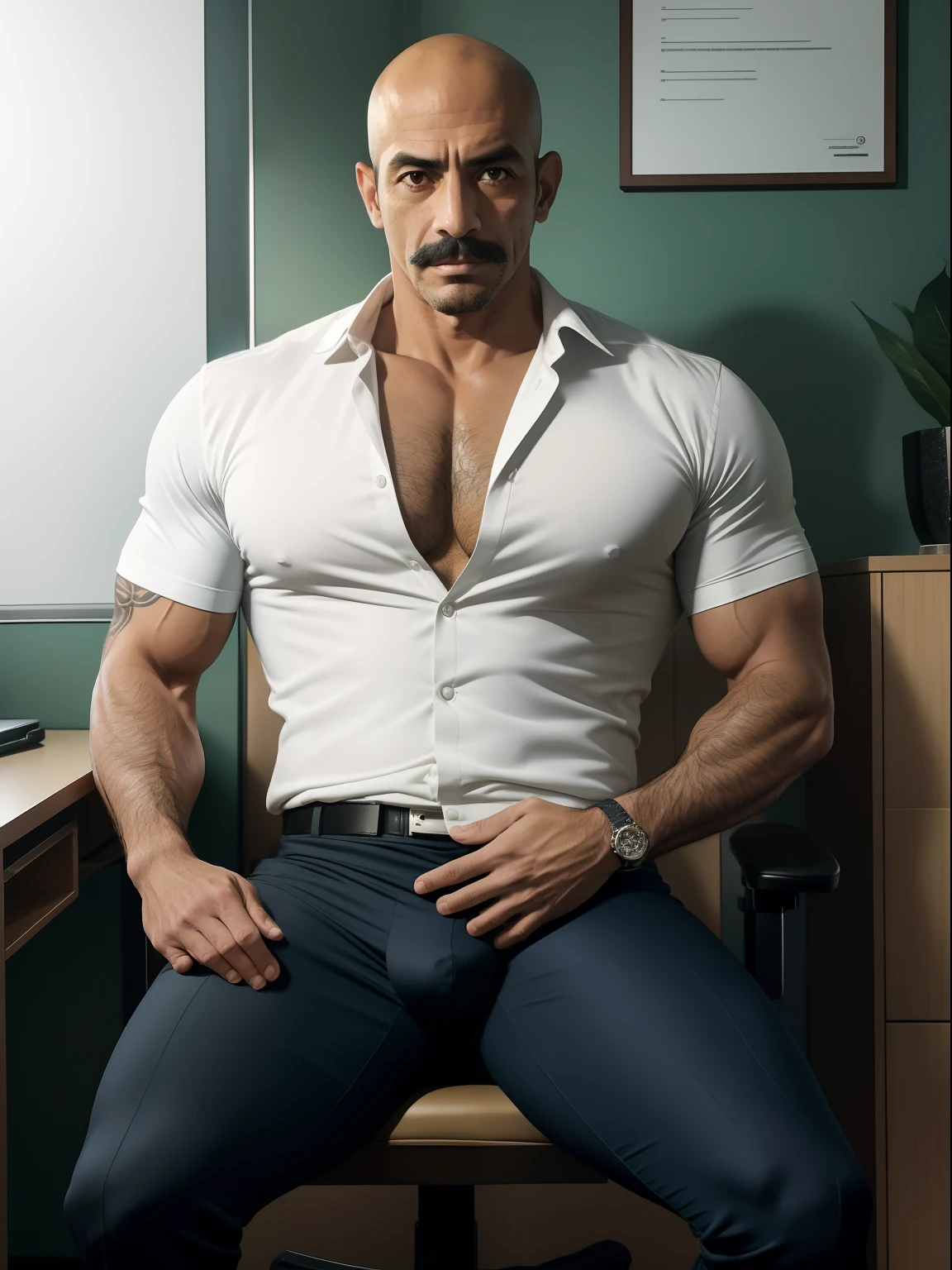 45 yers old，Juan Sebastian Veron，（Kogoro Mouri 1.3），office room，Two together，Crotch contour，Wear sexy green briefs，with mustache，tmasterpiece，k hd，the feet，black long socks，The barefoot，Thick chest hair，scowling，hand touching crotch