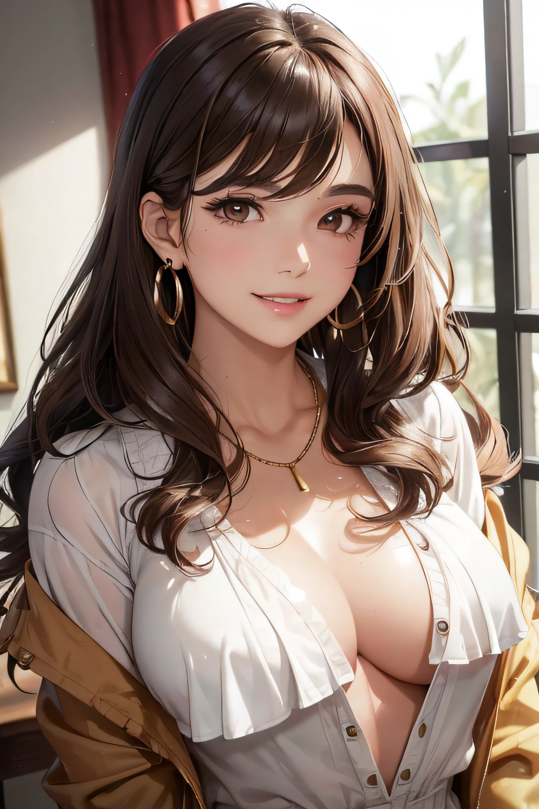 (A photo of the upper body), Beatiful face, Very detailed face and skin texture, (Detailed eyes), Brown eyes, Double eyelids, Thin eyebrows, Glitter eyeliner: 1.2, Natural cheeks, Glowing skin, Fair skin, ((with a jacket and blouse(no cleavage)), Shiny necklace and earrings, (Shiny lips: 1. 4), (Seductive smile), (20 years old), (Wavy hair, Brown hair, Diagonal bangs), Medium long hair, ((Upper body shot)), ((Focus on chest and face)), Medium large breasts, Upturned Breasts.