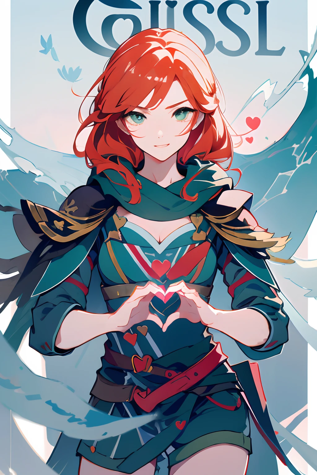 -arcanos,Arcanos,Estilo anime Windranger, 1girl, un ojo cerrado, solamente, Guantes, Flor, cabo, heart, They are smiling, spoken heart, Cabello largo, vestido, Adorno de piel, tenencia, Fondo simple, senos, fondo gris, 鎖骨, Parte superior del cuerpo, Mirando al espectador, Traje alternativo oficial, Guantes rojos, beltt, regalo, Navidad, ojos azules, boca cerrada