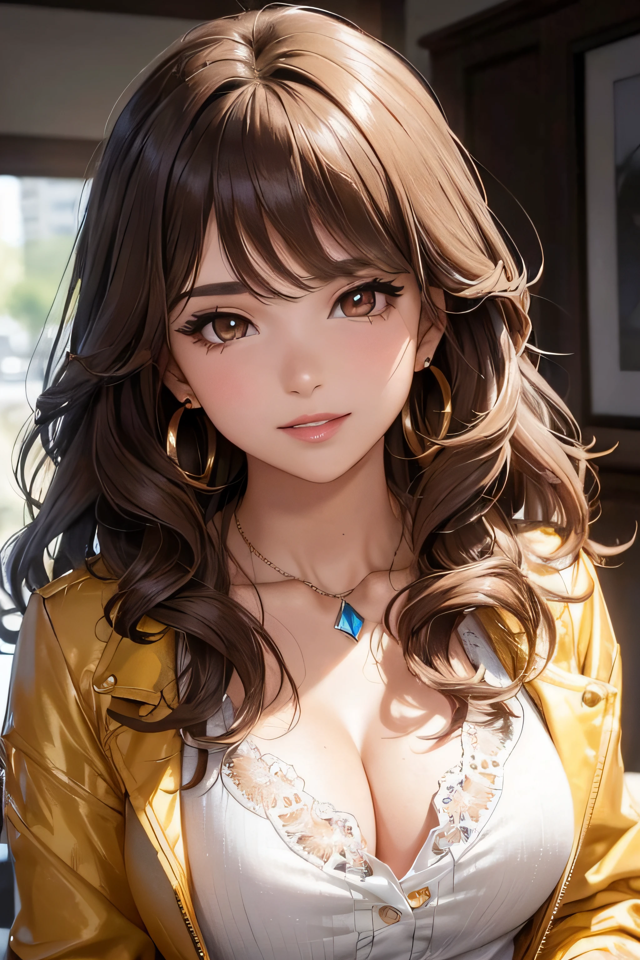 (A photo of the upper body), Beatiful face, Very detailed face and skin texture, (Detailed eyes), Brown eyes, Double eyelids, Thin eyebrows, Glitter eyeliner: 1.2, Natural cheeks, Glowing skin, Fair skin, ((with a jacket and blouse(no cleavage)), Shiny necklace and earrings, (Shiny lips: 1. 4), (Seductive smile), (20 years old), (Wavy hair, Brown hair, Diagonal bangs), Medium long hair, ((Upper body shot)), ((Focus on chest and face)), Medium large breasts, Upturned Breasts.