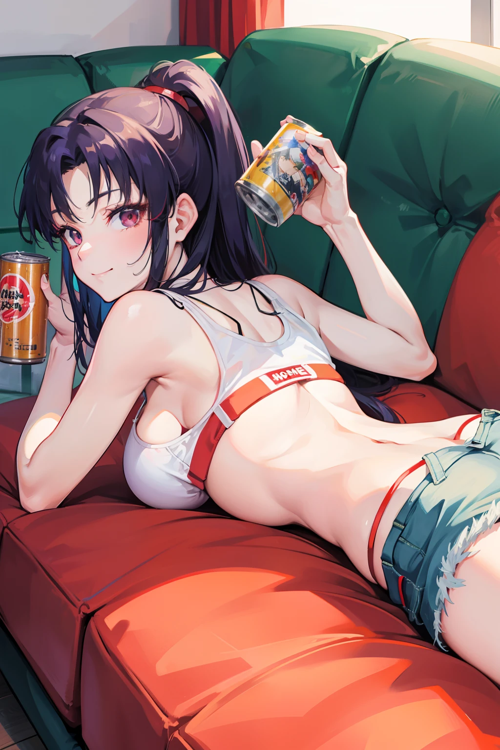 Misato from Evangelion, at home, drinking beer from a can, drunk, lying on a green couch on stomach, blue jeans shorts, yellow top, white bra, playful, red face, smile, not tied hair