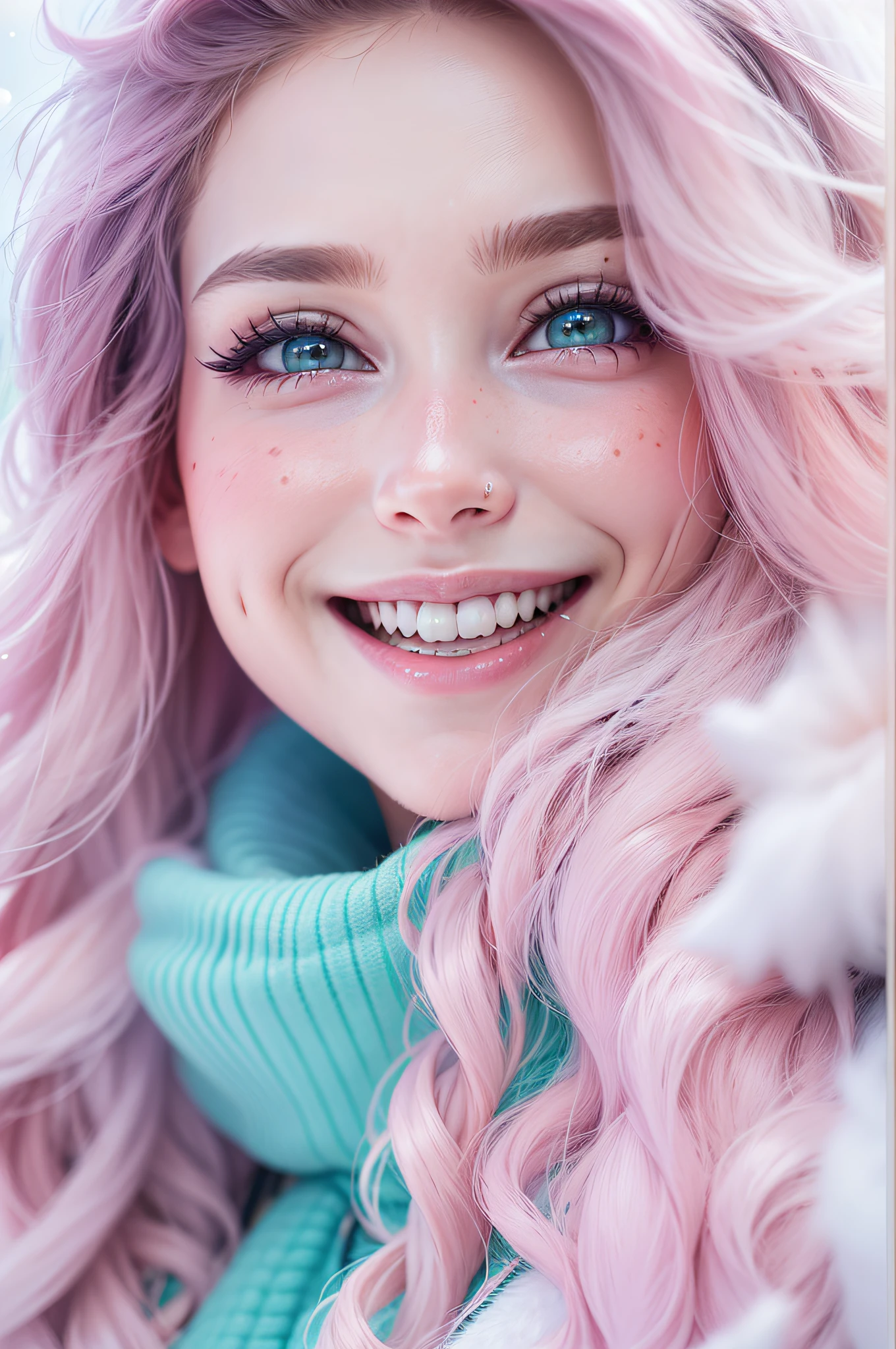 belle delphine vestida de enfermera, en una calle cubierta de nieve, piel blanca, ojos azules, cabello largo y rosa, hermosa sonrisa, ojos grandes, una calle de fondo cubierta de nieve