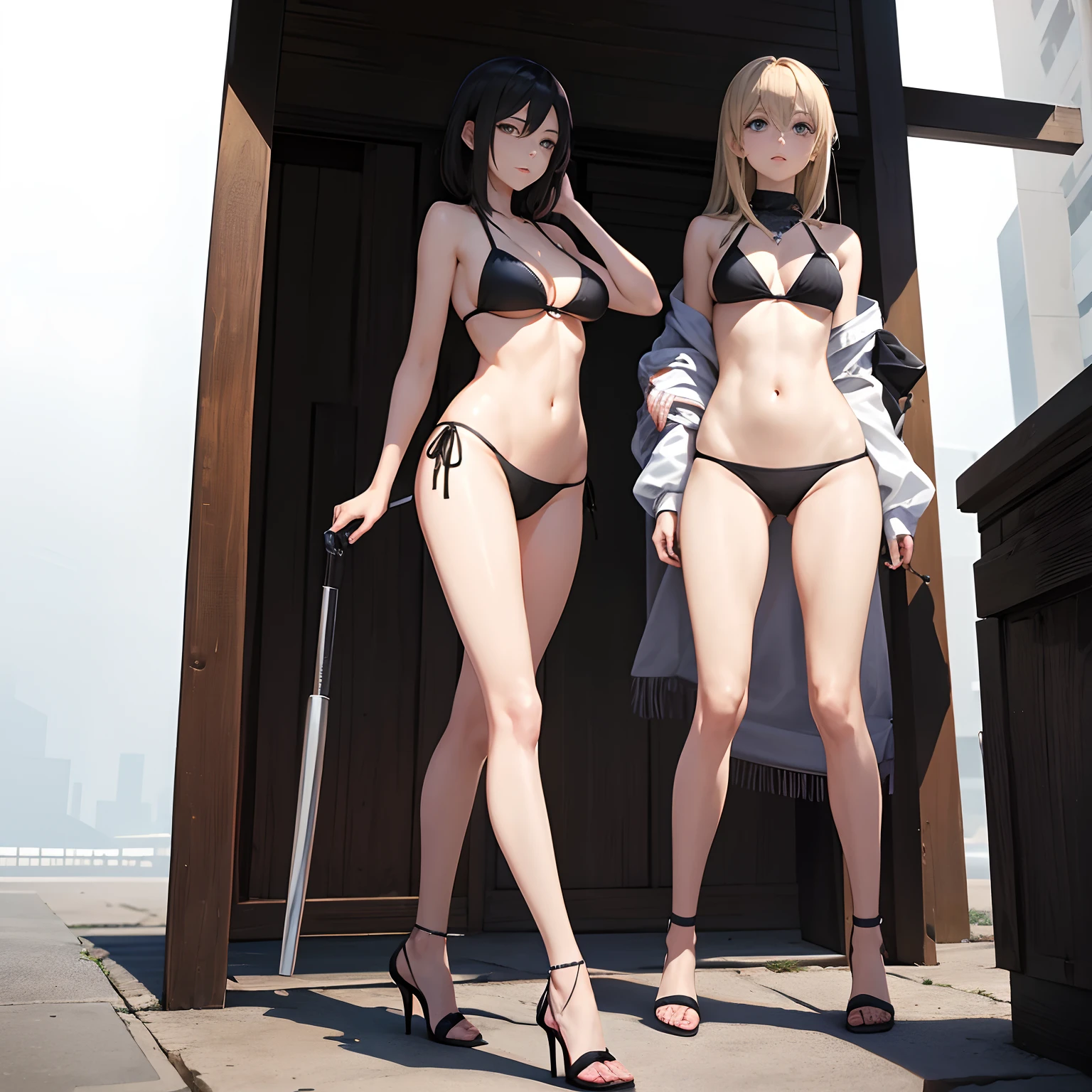 Imagen de cuerpo completo de mikasa Ackerman junto a Noelle silva ambas con tacones altos y en bikini sexy