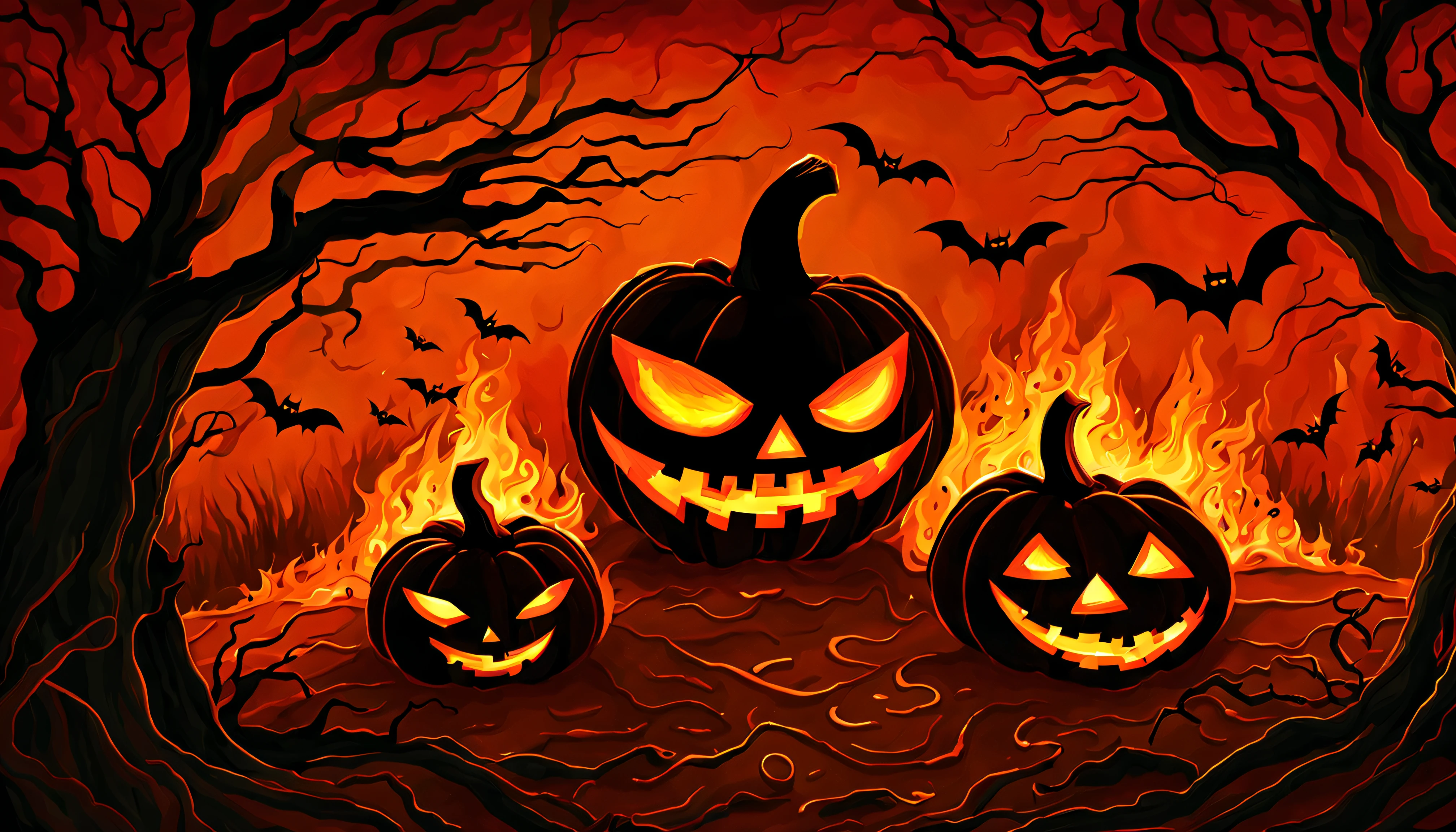 a sinister and fascinating depiction of Halloween night. No centro da arte, A fiery pumpkin is the main focus, com chamas intensas saindo de seus olhos. A paleta de cores, dominada por tons profundos de preto, verde escuro e laranja, cria uma atmosfera sombria e misteriosa. Touches of vibrant orange and deep red highlight the fire in the pumpkin's eyes, transmitindo um sentimento de terror iminente. Minute details accurately depict the pumpkin and the elements of the forest around it, while lighting techniques are used to create the realistic effect of fire. Textures are applied to bring the forest and pumpkin to life, increasing the sense of realism.