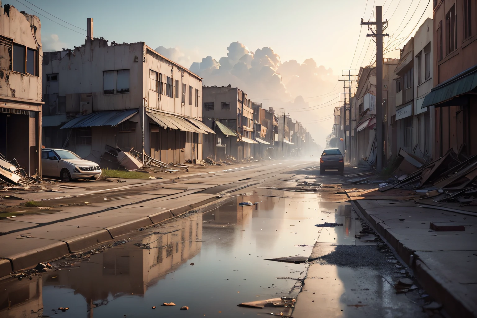 (Armageddon),Dilapidated city,Dilapidated streets,4K Ultra HD, 超高分辨率, (Photorealistic: 1.4), Best quality,tmasterpiece,(pastel colour:1.2)