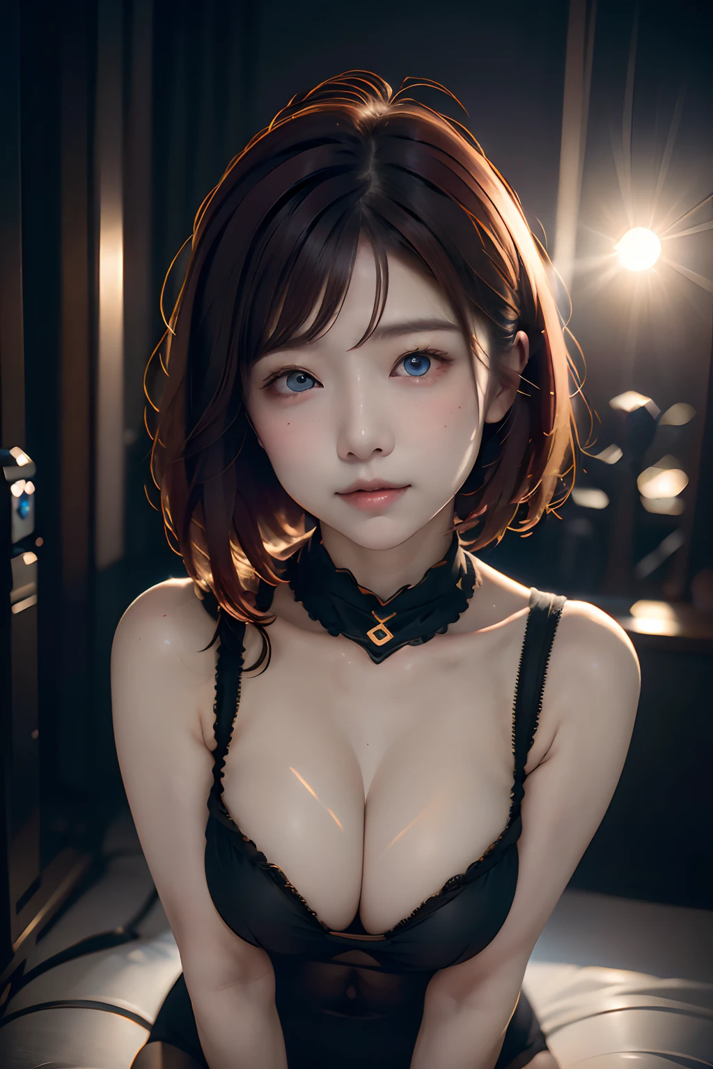 Female sexy、(masuter piece),(ultra-detailliert:1.1),(Solo:1.2),(Hitomi Yes:1.3),(short, bright red hair),(Round face), Smile,(Black Swordsman Costume), (Black Gloves:1.1),(Red nose:0.5),(Beautiful ultra-detailed eyes, highly detailedskin, Bright, glowing skin:1,1), (fitness body),(Night Fantasy:1.1),(Physical Rendering, Professional Lighting, Photon mapping, Radio City, Soft light, lens reflection: 1.3), Tint color,