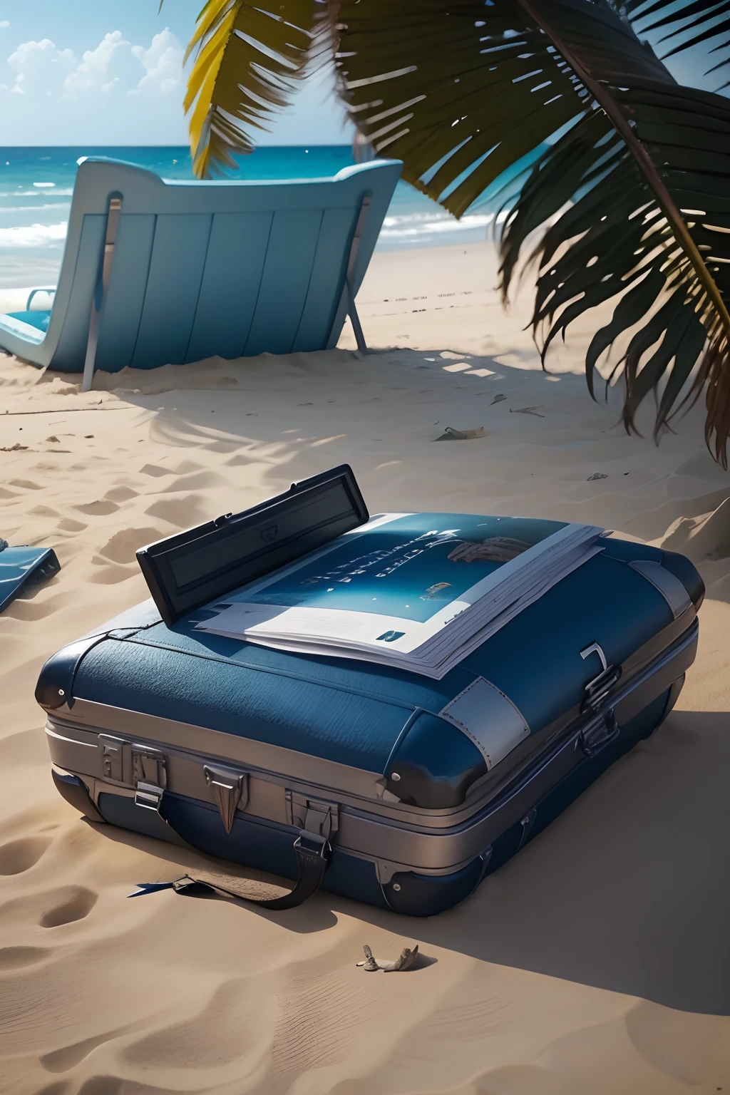faire une image pour youtube, dans laquelle on y vois une plage avec en premier plan du sable et des palmiers. In the bottom of the sea with a crashed plane