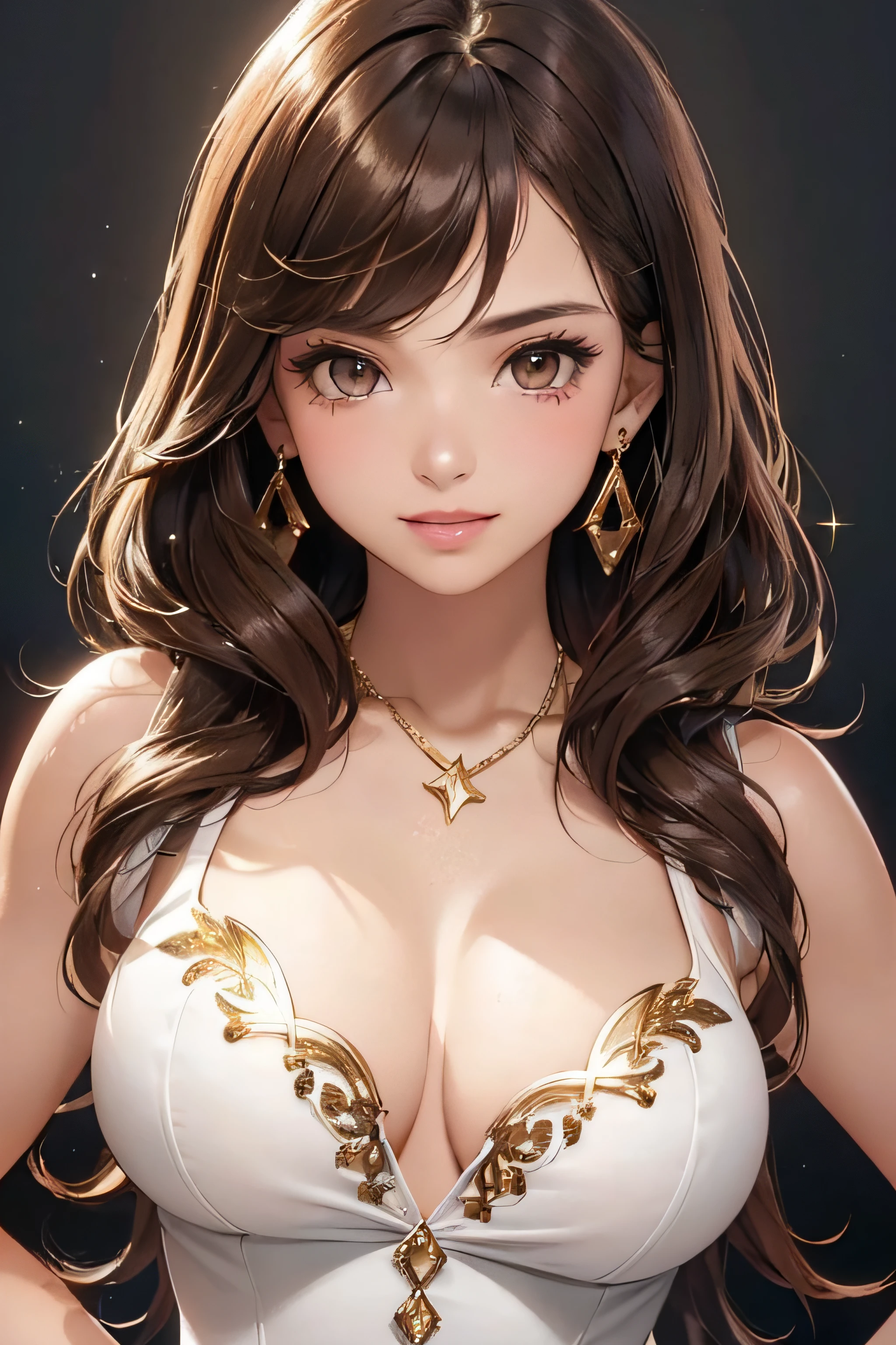 (One upper body photo), Beatiful face, Highly detailed face and skin texture, (Detailed eyes), Brown eyes, Double eyelids, Fine eyebrows, Glitter eyeliner: 1.2, Natural cheeks, Glowing skin, Fair skin, ((with schoolgirl costume), Glitter necklace and earrings, (Glossy lips: 1. 4), (Seductive smile), (20 years old), (Wavy hair, Brown hair, Diagonal bangs), Medium long hair, ((Upper body shot)), ((Focus on chest and face)), Medium large breasts, Upturned Breasts.