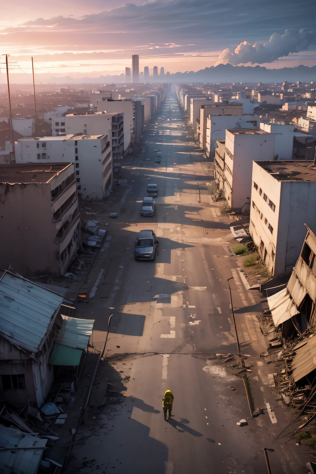 Paisagem urbana arborizada com muitos detritos e um hidrante, post - apocalyptic city streets, destroyed city in the background, post - apocalyptic city, an abandoned dystopian city, in a post city-Apocalyptic, in the city post-apocalipse, paisagem urbana arruinada ao ar livre, Ruas escuras e abandonadas da cidade, em uma paisagem urbana arruinada, destroyed city, apocalyptic city, Post Street-Apocalyptic