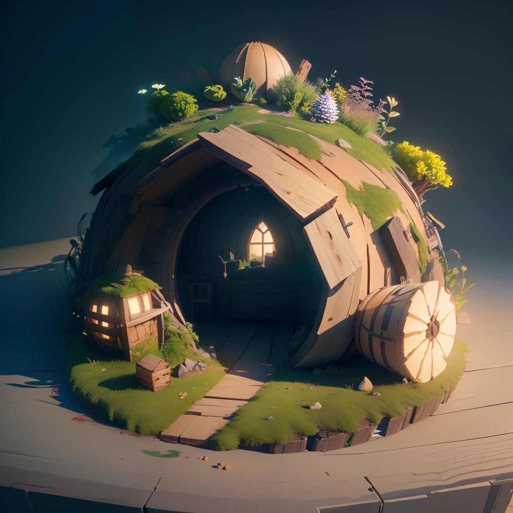 Masterpiece, Best quality, (Extremely detailed Cg Unity 8K wallpaper), (Best quality), (Best Illustration), (Best shadow), A round turnip hut covered with moss,Isometric 3D, rendering by octane,Ray tracing,Ultra detailed