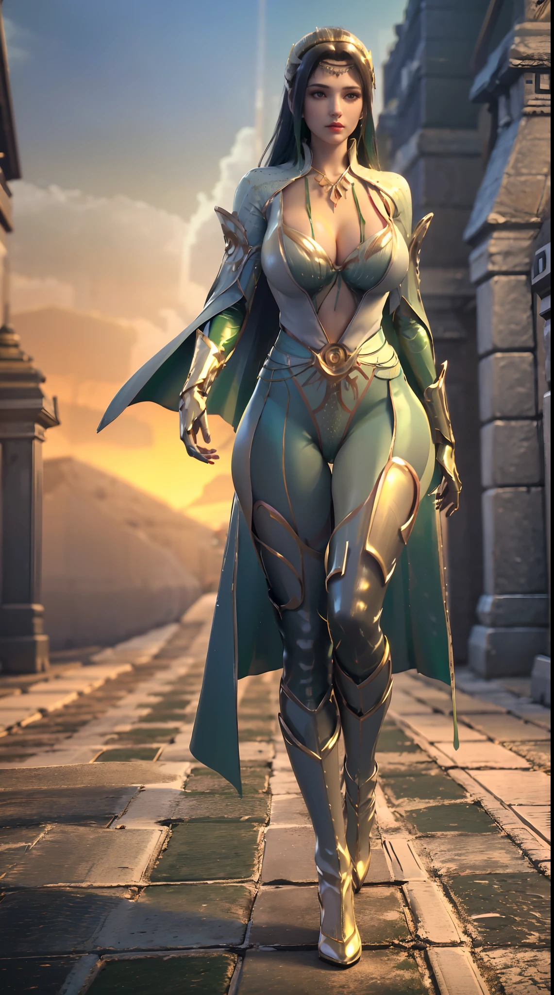 1GIRL, SOLO, (DARK HAIR, HAIR ORNAMENT), (HUGE FAKE BOOBS:1.3), (light green, white, gold, SEXY FUTURISTIC LATEX BRA, ROYAL CAPE, CLEAVAGE:1.5), (SKINTIGHT YOGA PANTS, HIGH HEELS:1.2), (GLAMOROUS BODY, SEXY LONG LEGS, FULL BODY:1.3), (FROM FRONT, LOOKING AT VIEWER), (WALKING DOWN ON STREET NIGHT CITY:1.3), ULTRA HIGHT DEFINITION, 8K, 1080P.