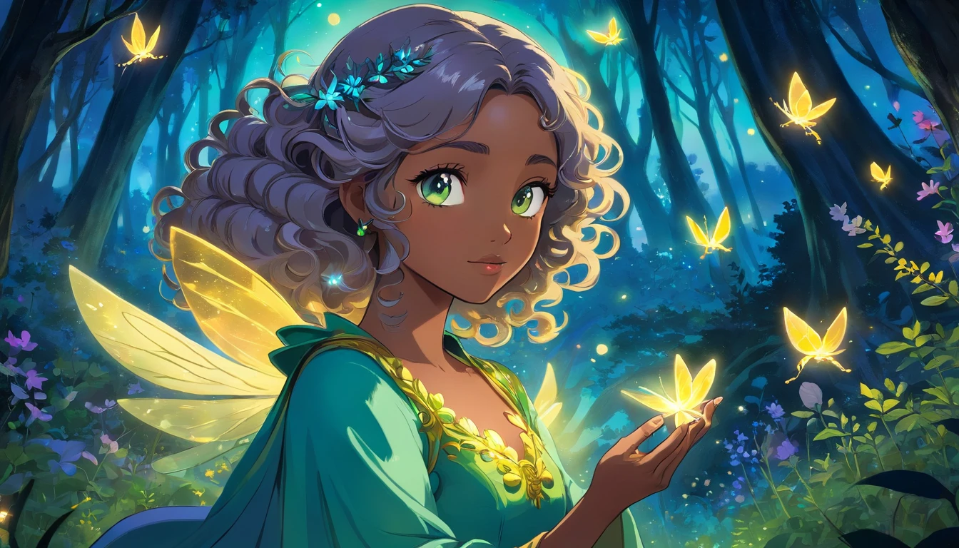 (deeply magical,enchanted,at night) dark-skinned fairy with (beautiful curly hair),(stunning,flowing,shimmering) (yellow dress),(elegant golden gown) and (colorful,pastel) (moon-shaped necklace) with a (radiant,sparkling,glowing) (blue stone) in a (dense,mysterious) (enchanted) forest. The fairy has (captivating,mesmerizing) (glowing blue eyes),(long,curly eyelashes),and (glowing,shimmering) (silver wings),(delicate,silvery) (pointed ears) protruding from her lush (curly hair). She is surrounded by (luminous fireflies) and (twinkling stars) that illuminate the (dark,magical) forest. The (tall ancient trees) stretch towards the sky, their branches forming a (canopy) above the fairy. The forest is filled with (moss-covered rocks),(colorful wildflowers) and (glimmering streams) flowing through the (mysterious twilight). The scene is bathed in (soft moonlight), giving it a (dreamlike,ethereal) and (enchanting) atmosphere with a touch of (mystery and wonder). The colors are (rich and vibrant), with shades of (deep blues,golds,yellows) and hints of (emerald greens,purples), creating a (magical,painterly) palette. The (moonlit shadows) cast by the trees add depth and (drama) to the scene, while the (soft,moonlit glow) highlights the fairy's (radiant beauty). The (subtle,diffused) moonlight creates a sense of (peace and tranquility), making it the perfect setting for the dark-skinned fairy to spread her (ethereal and enchanting) magic.
