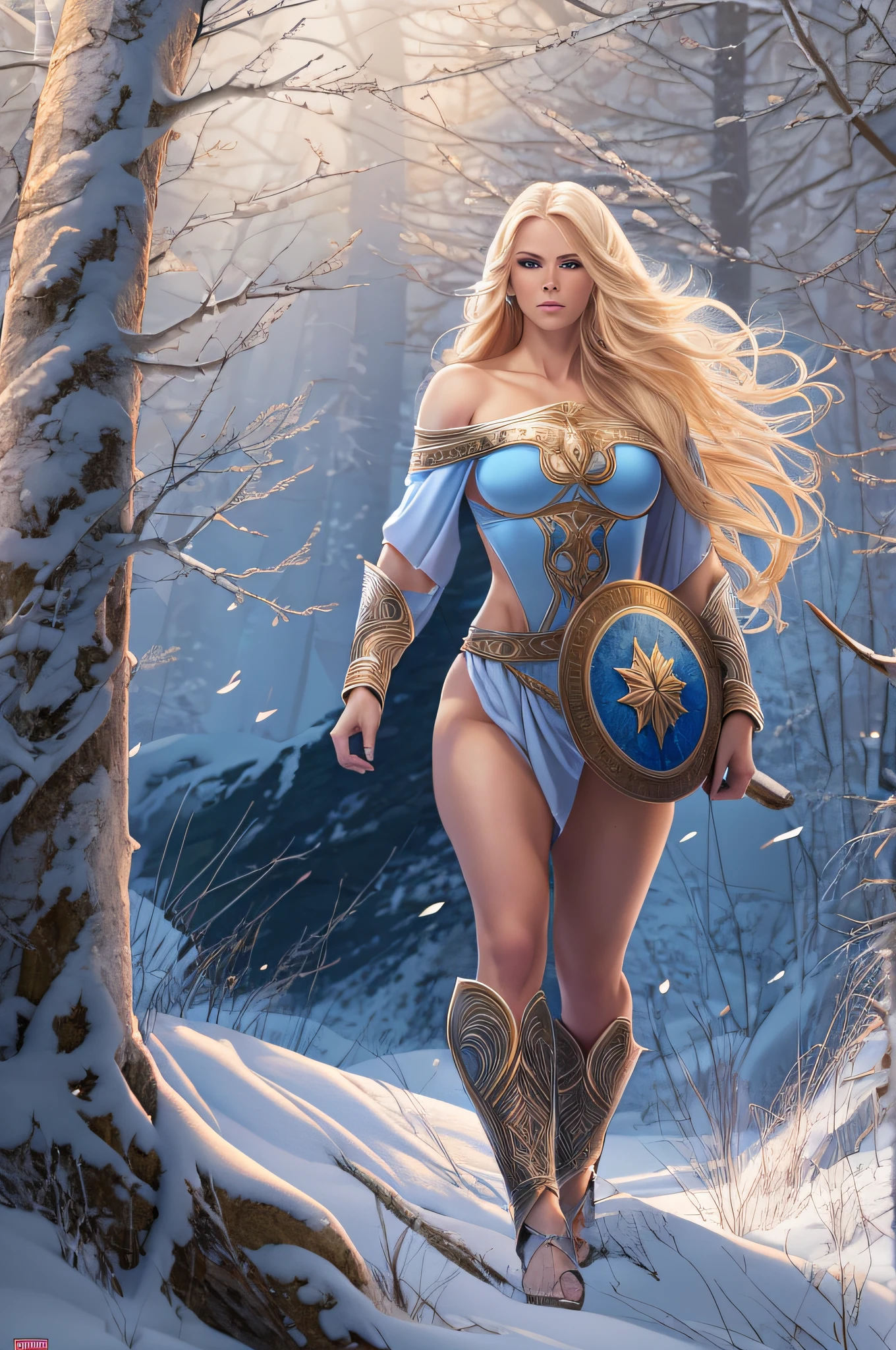 Powerful and beautiful Nordic Goddess, long blonde hair, fierce blue eyes, full nude body, warrior goddess, she is showing her ass